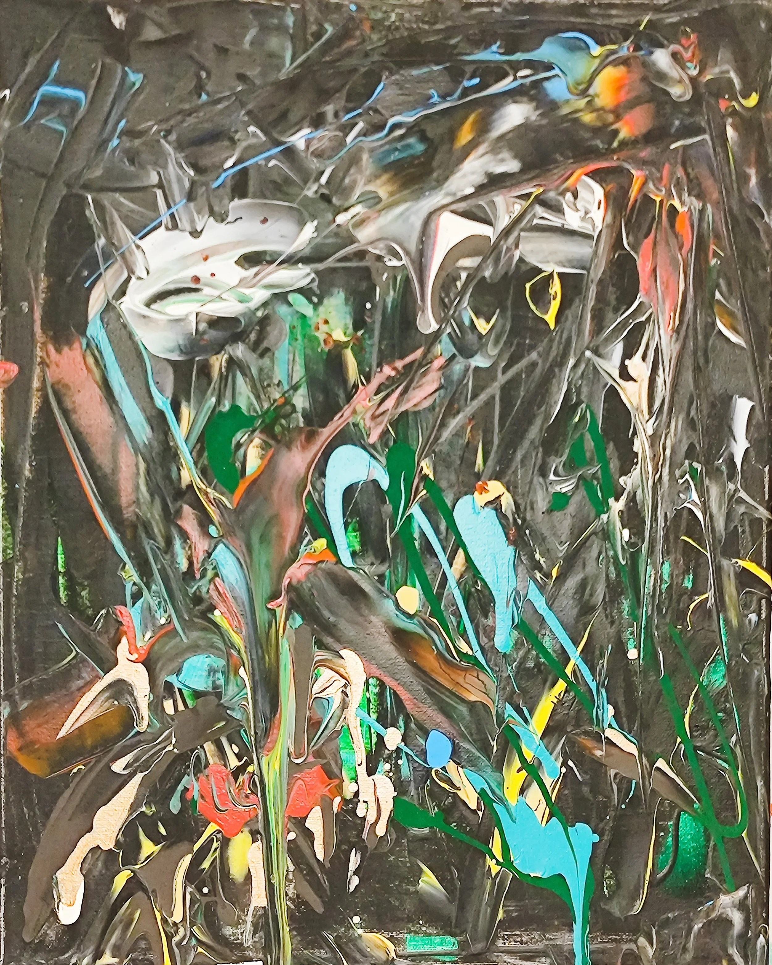 Abstract painting with swirling dark colors, bright streaks of blue, yellow, red, and green, and textured layers of paint.