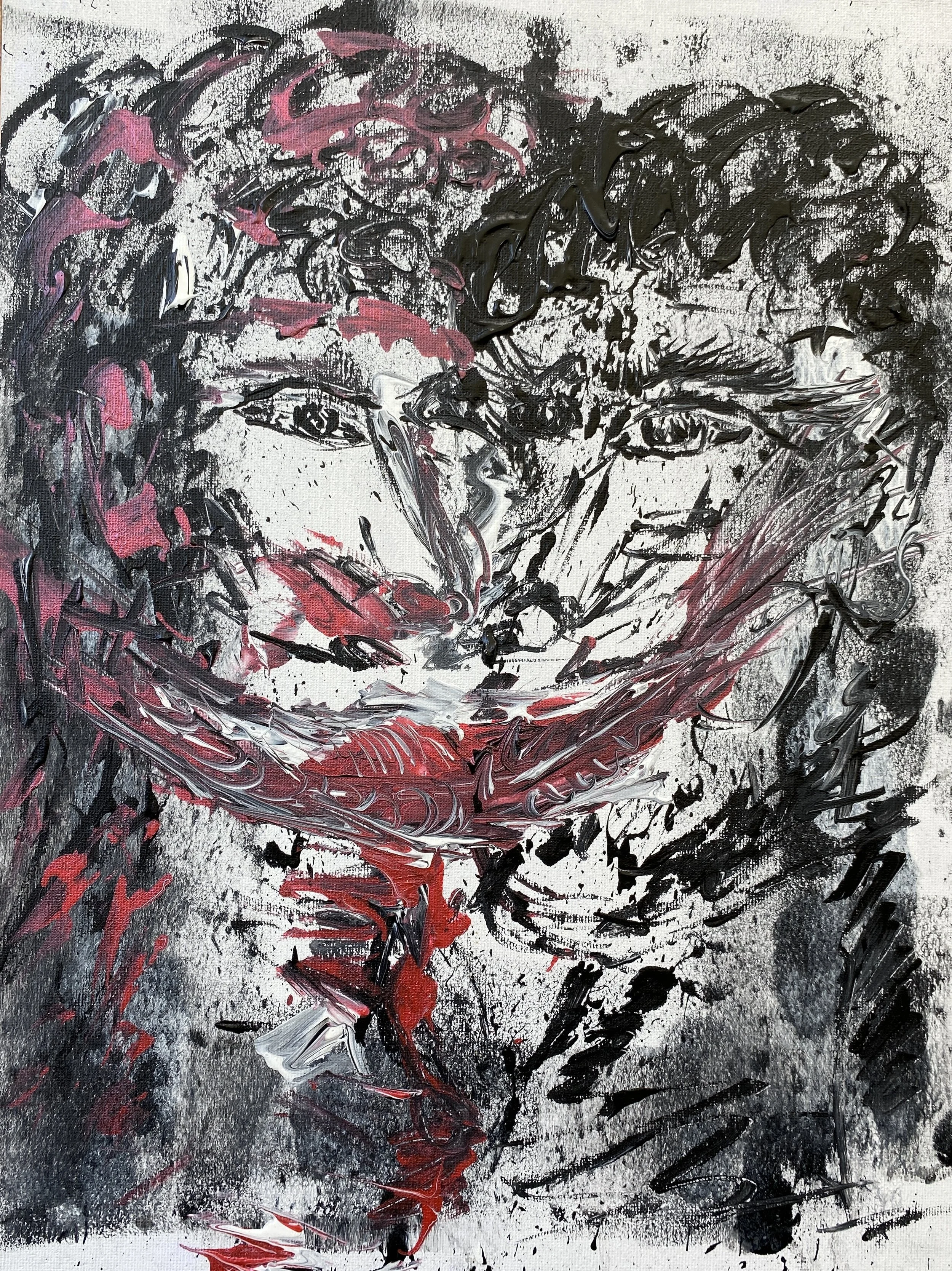 Abstract portrait of a woman with expressive black, white, and red brushstrokes, emphasizing eyes and facial features
