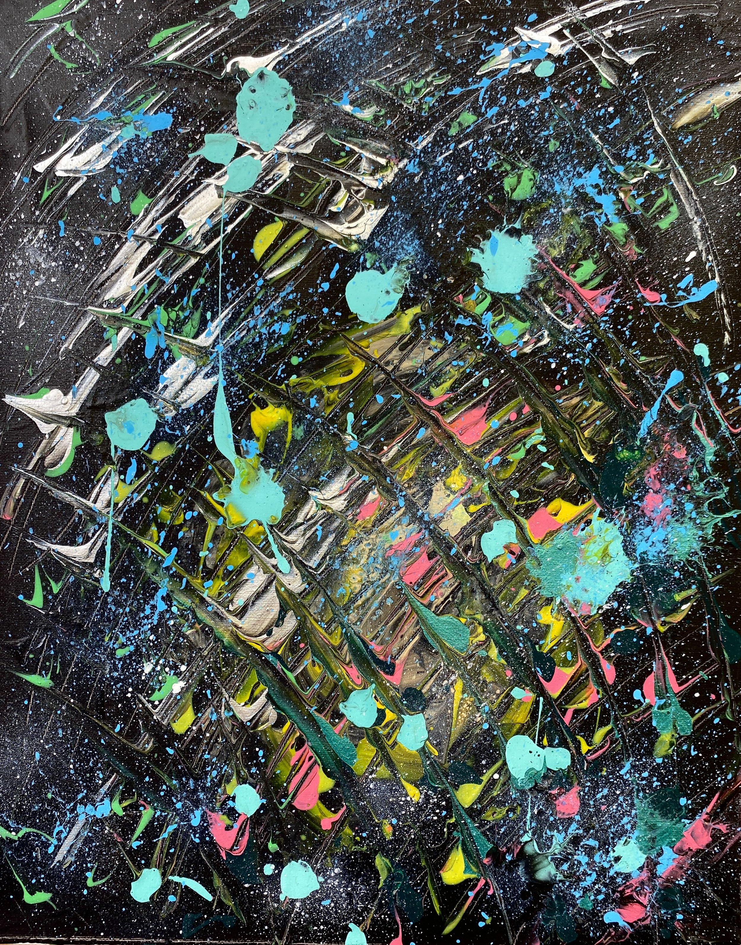 Abstract expressionist painting with black background, splashes, drips, and streaks of bright colors including blue, yellow, pink, green, white, and turquoise.