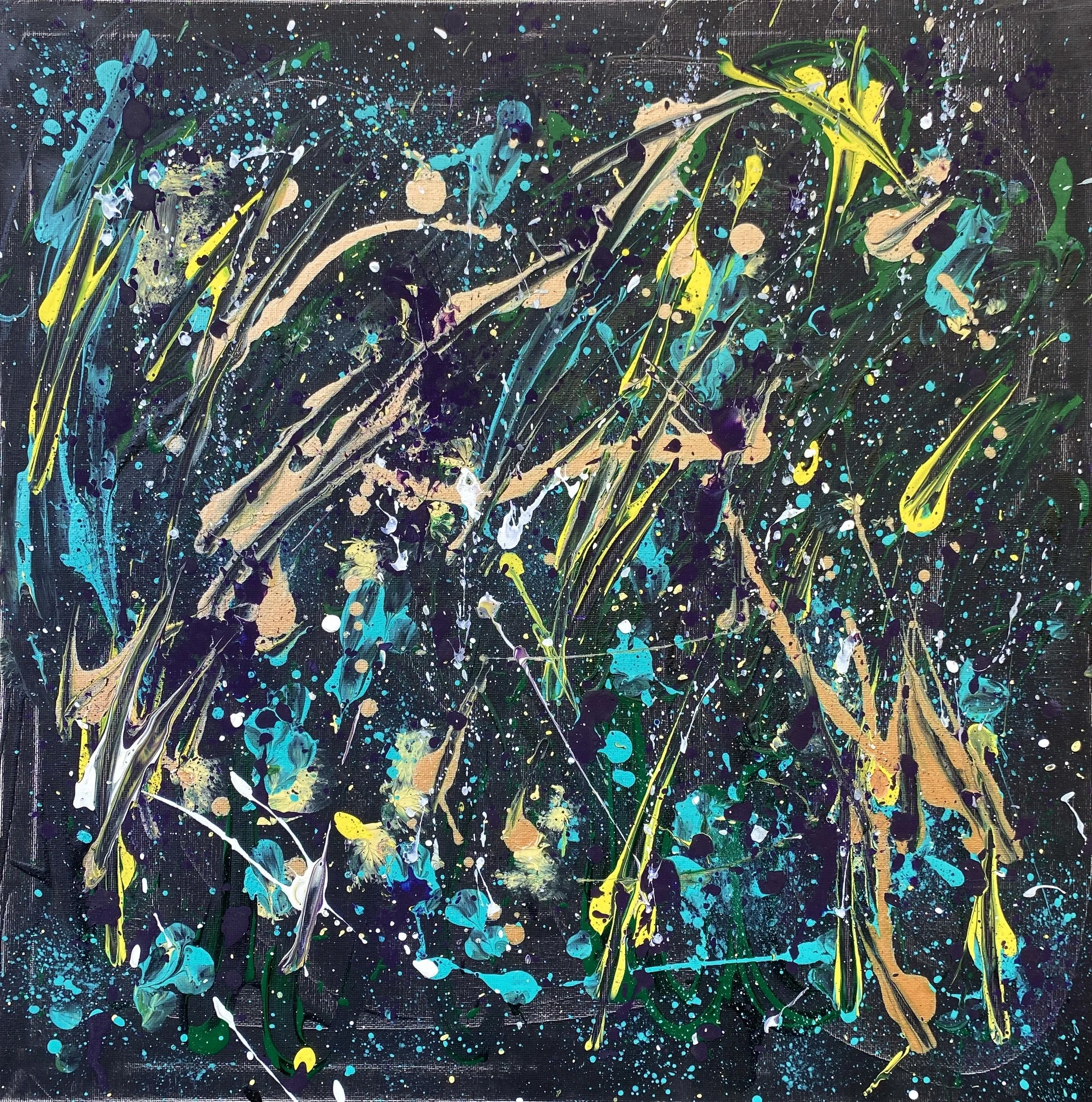 Abstract expressionist painting with black background, bright splashes of blue, yellow, green, white, and purple paint, with energetic drips and splatters.