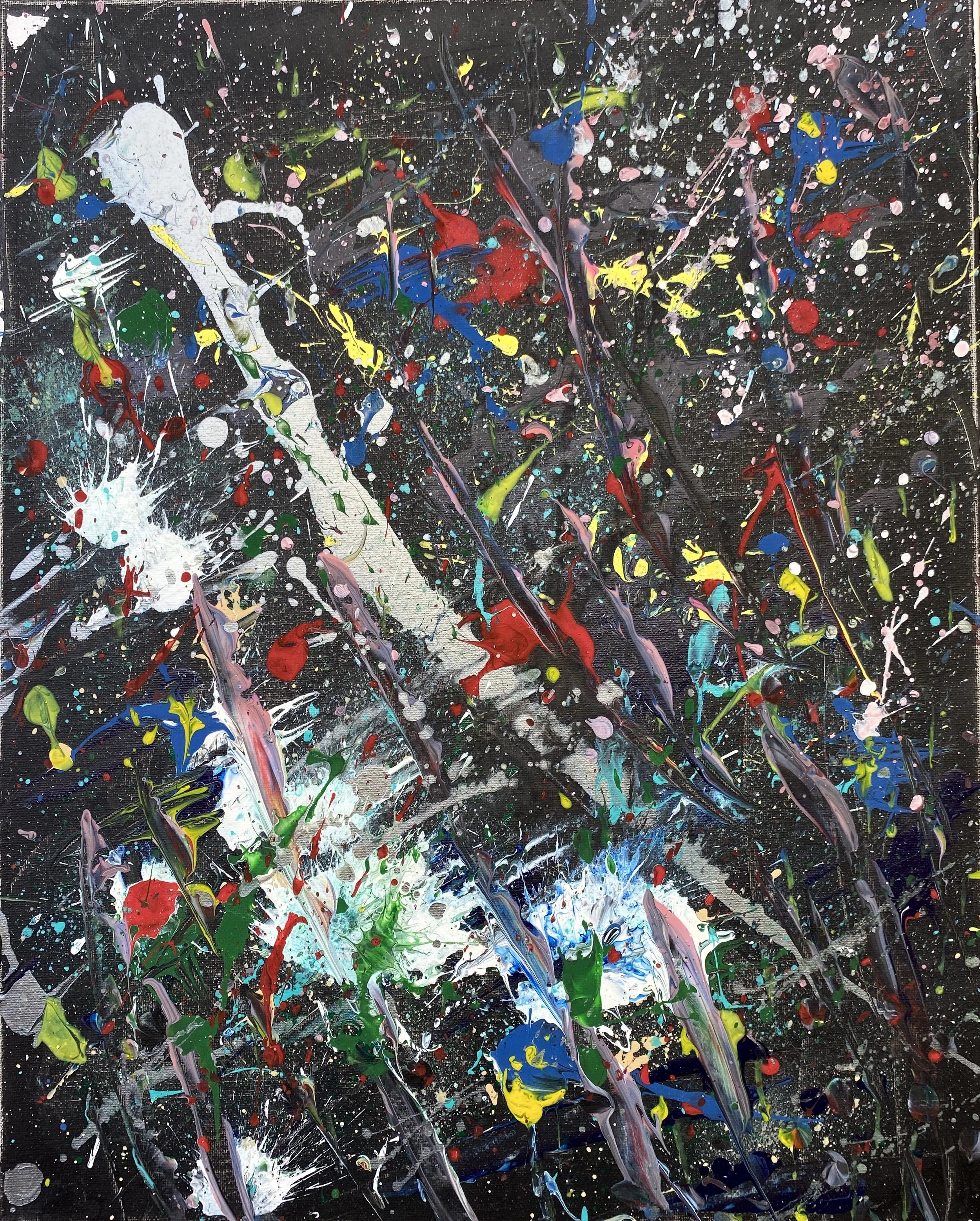 Abstract expressionist style painting with splashes and streaks of bright colors including white, red, yellow, blue, green, pink, and purple on a black background.
