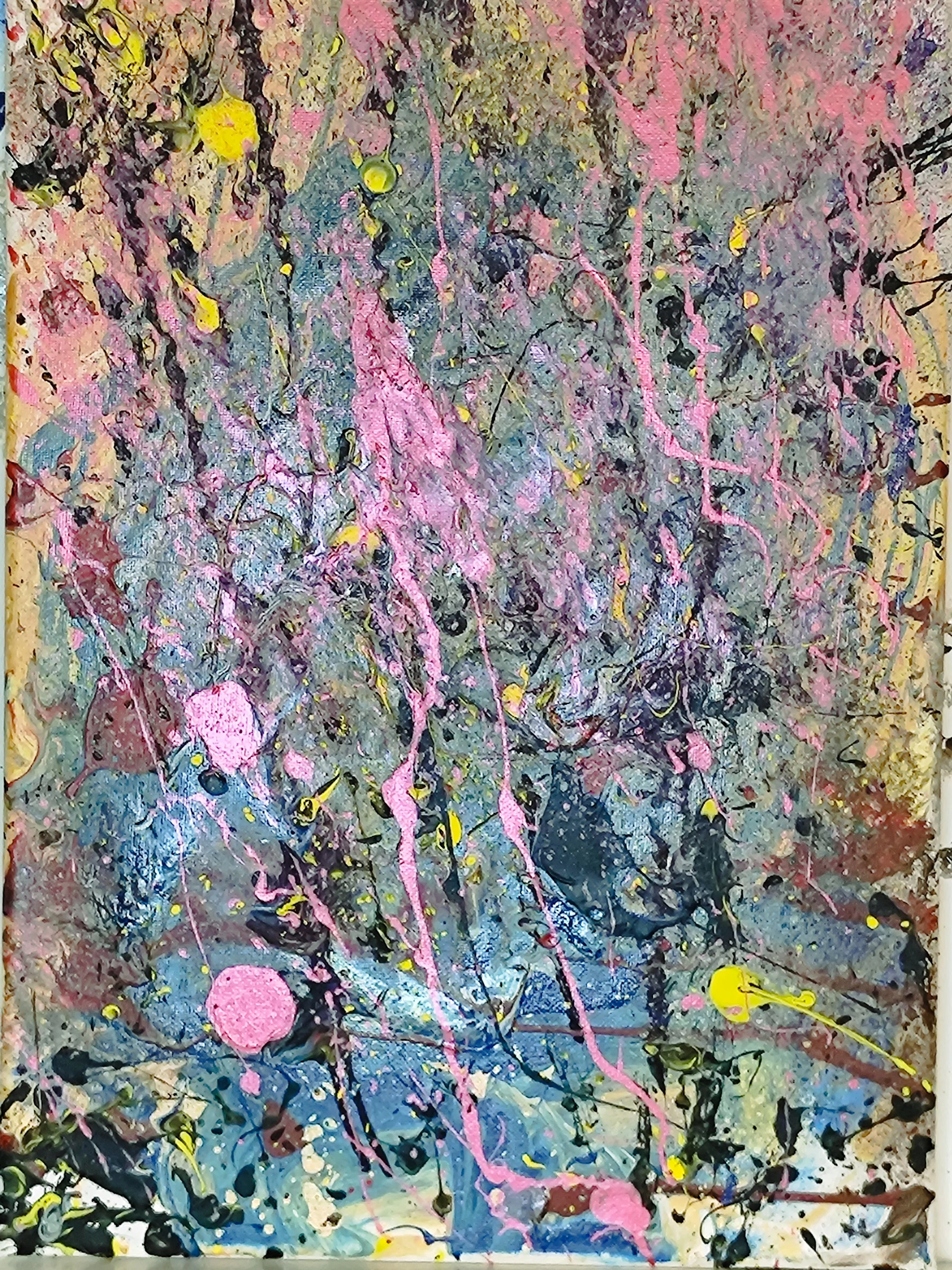 Abstract expressionist painting with splashes and streaks of pink, yellow, black, gray, and blue paint.