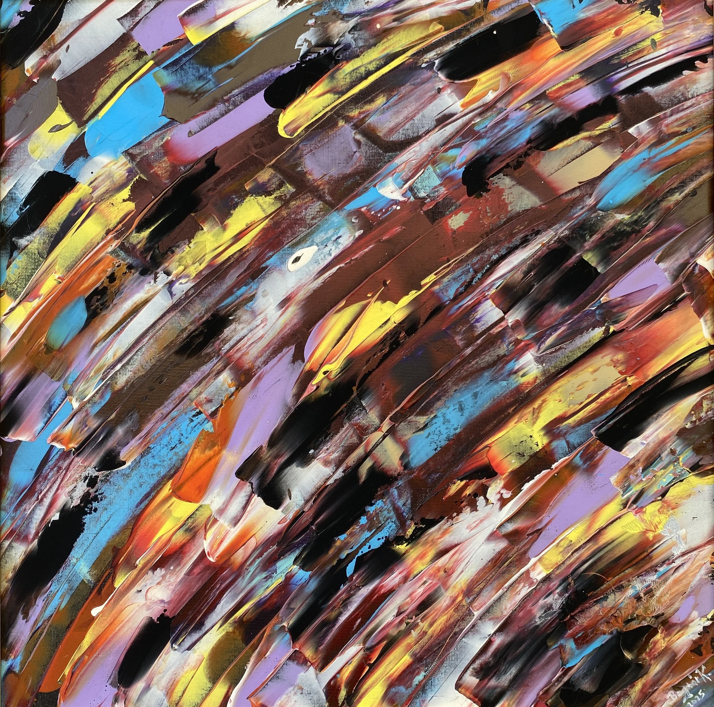 Abstract painting with bold, sweeping strokes of bright colors including blue, yellow, orange, red, black, and purple, layered and blended on a canvas.