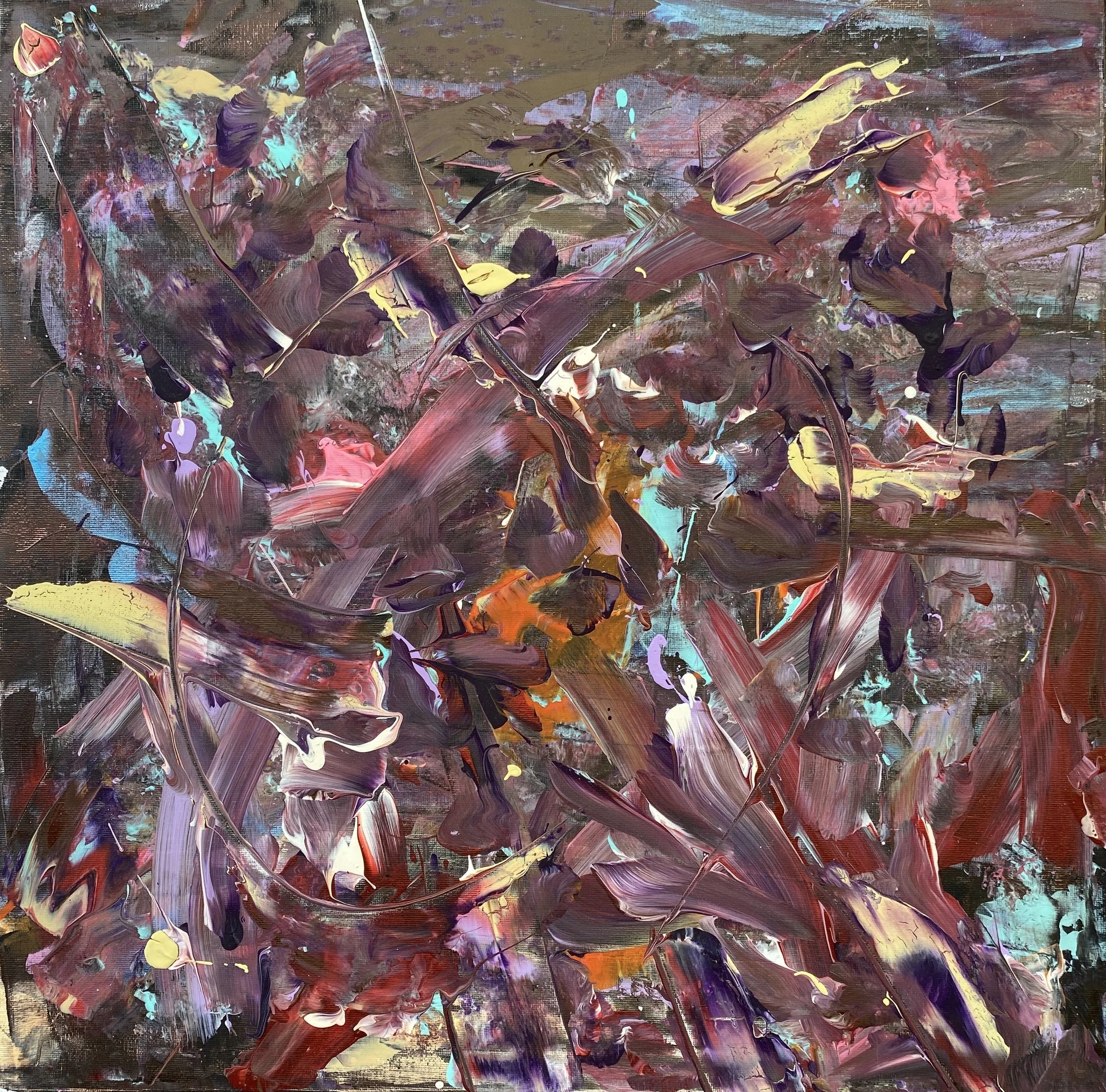 An abstract painting with bold, sweeping brushstrokes in shades of purple, red, yellow, and turquoise, creating a textured and dynamic composition.