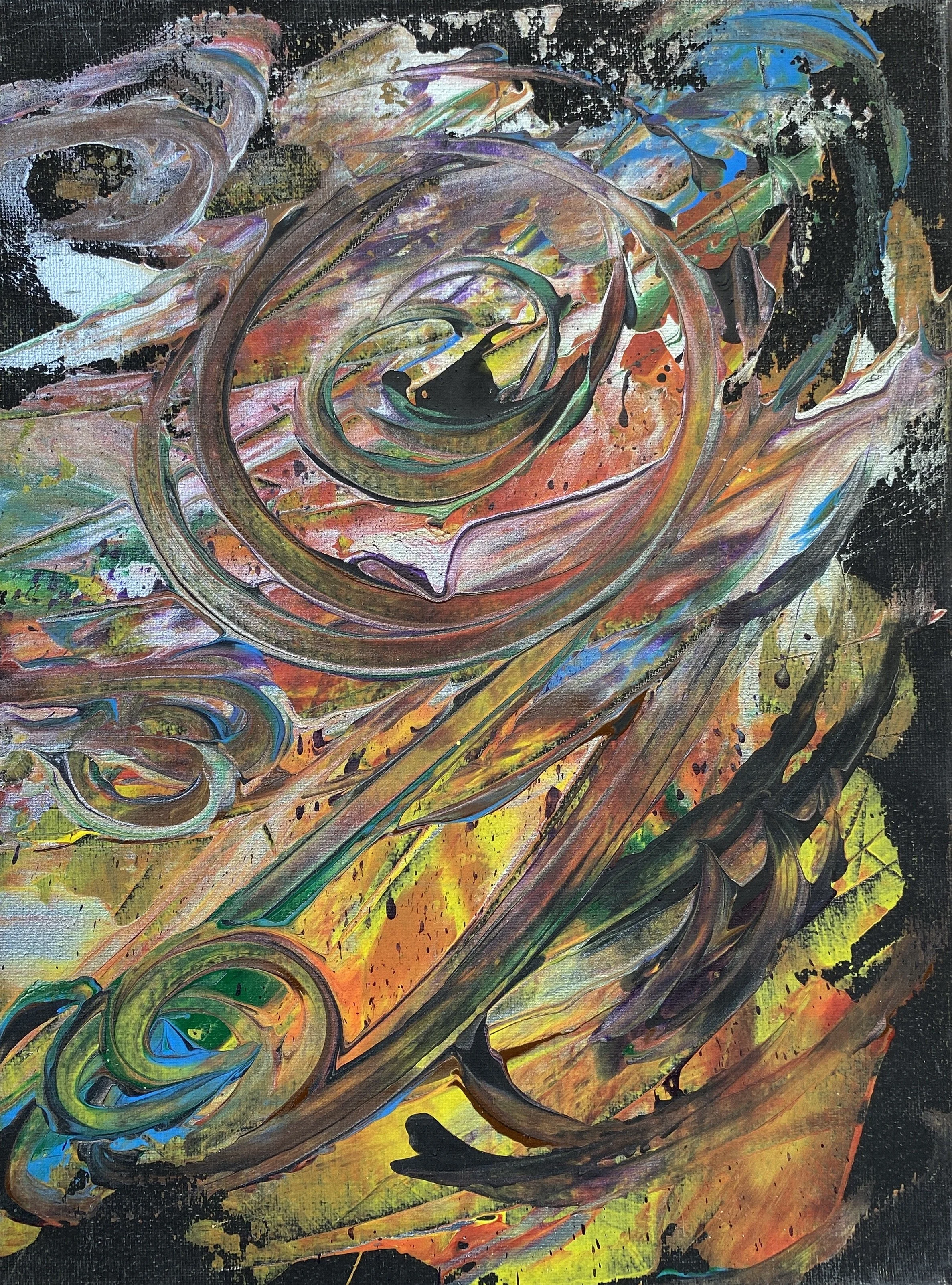 An abstract painting featuring swirling lines and vibrant colors, including shades of black, green, yellow, orange, blue, purple, and pink, creating a dynamic and energetic composition.