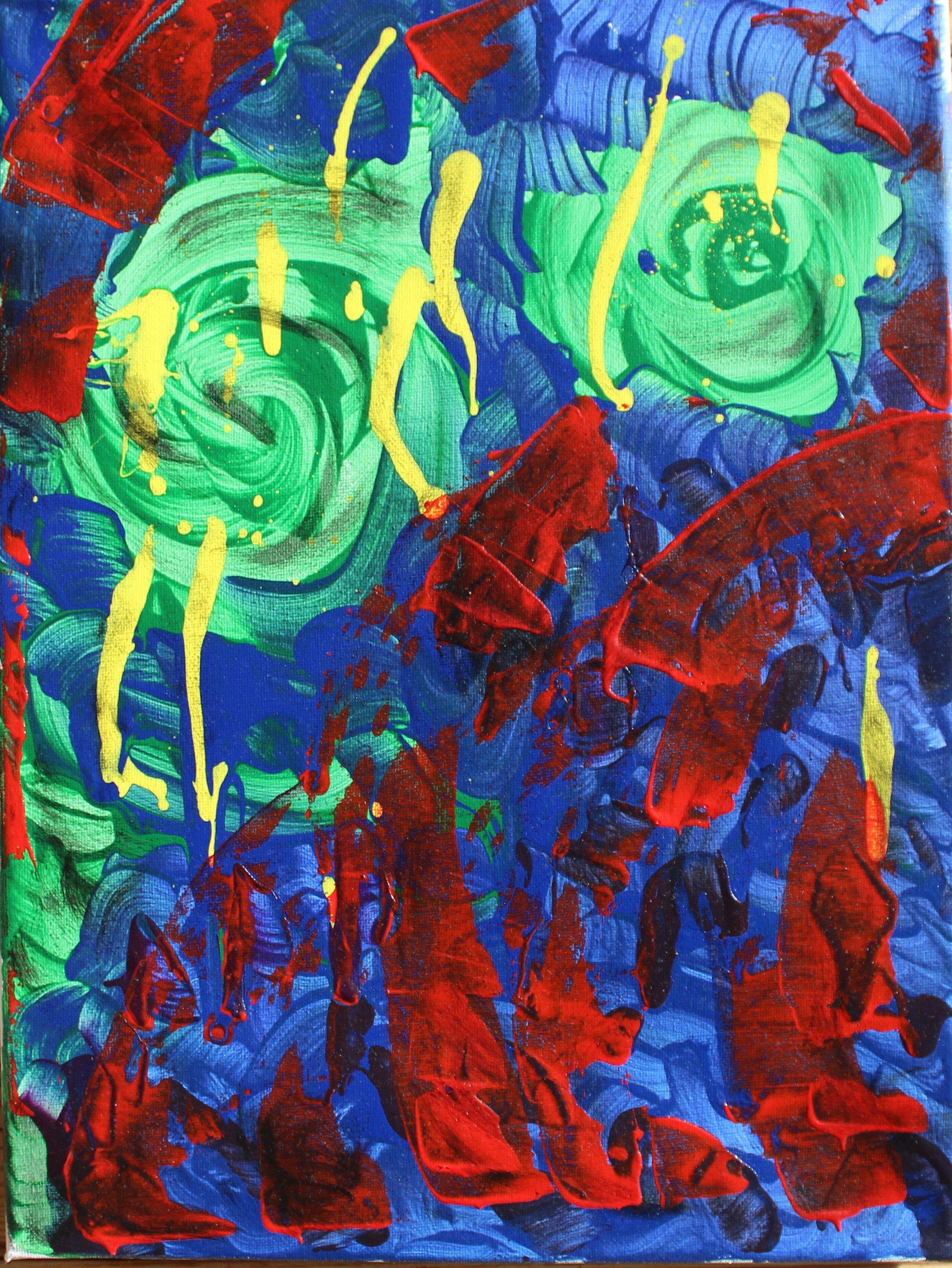 Abstract painting with swirling green and blue circles, red and black shapes, and yellow drips.