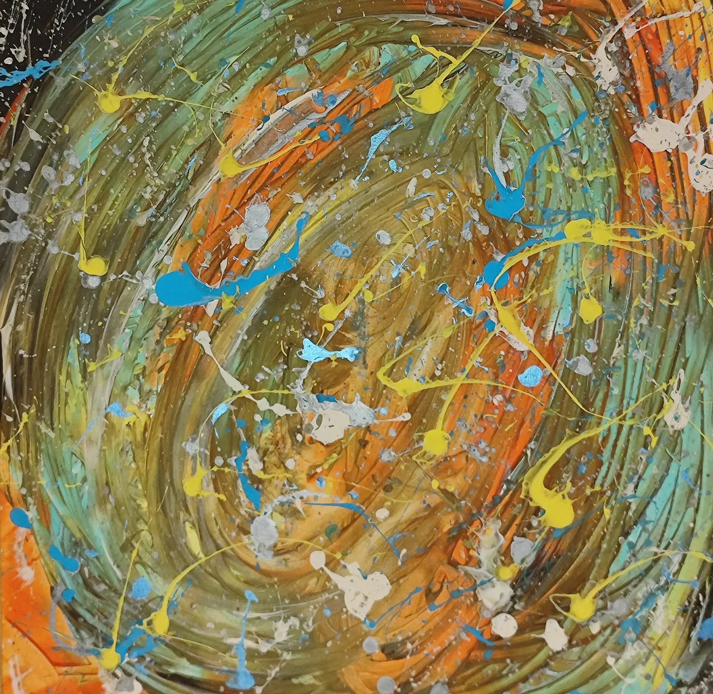 Abstract painting with swirling strokes of green, orange, and brown, overlaid with splatters of blue, yellow, white, and silver paint.