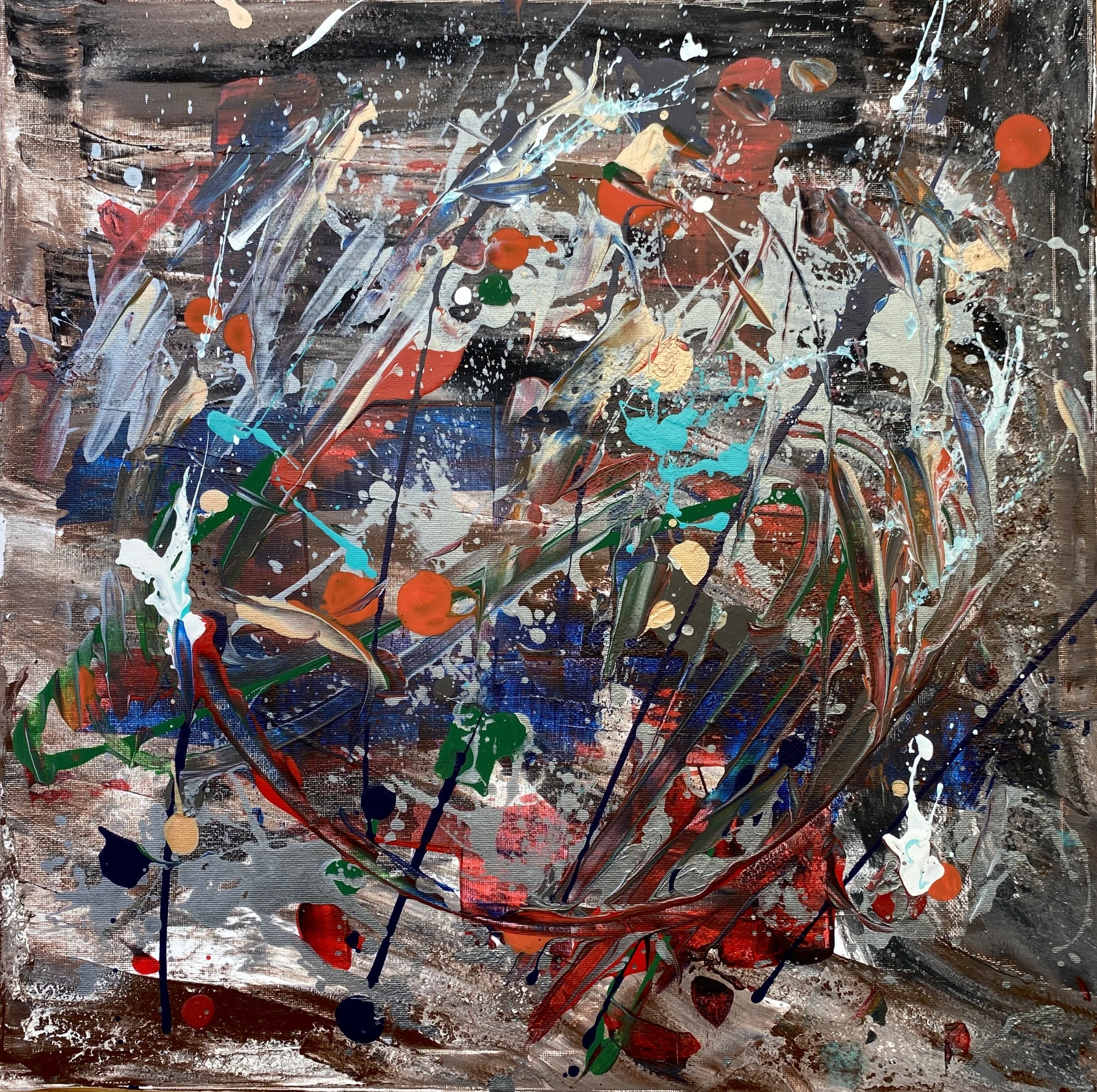 Abstract expressionist painting with splashes and streaks of various colors including red, white, blue, green, and black on a textured dark background.