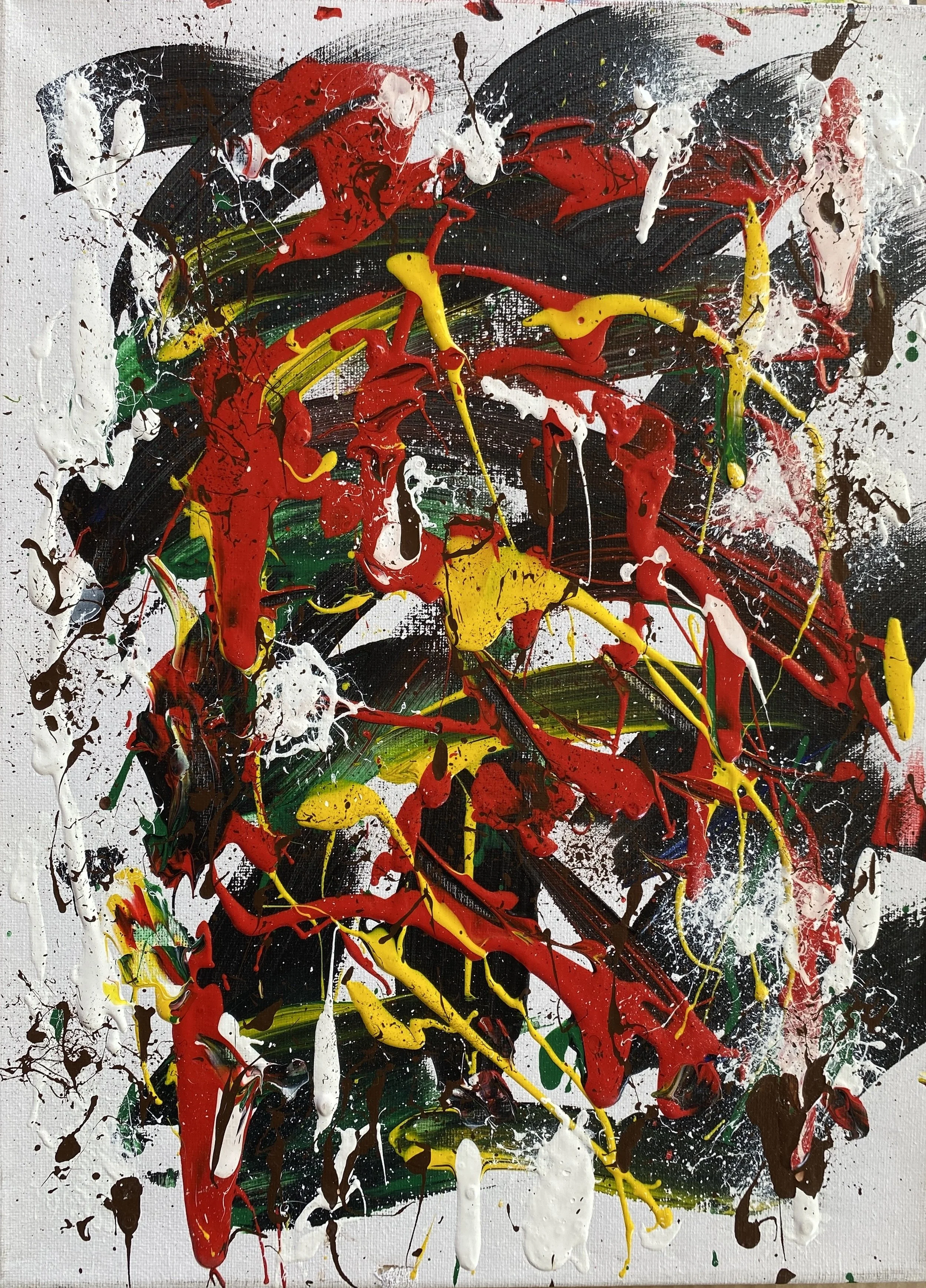 Abstract expressionist painting with splashes of red, yellow, white, black, and green paint on a canvas background.