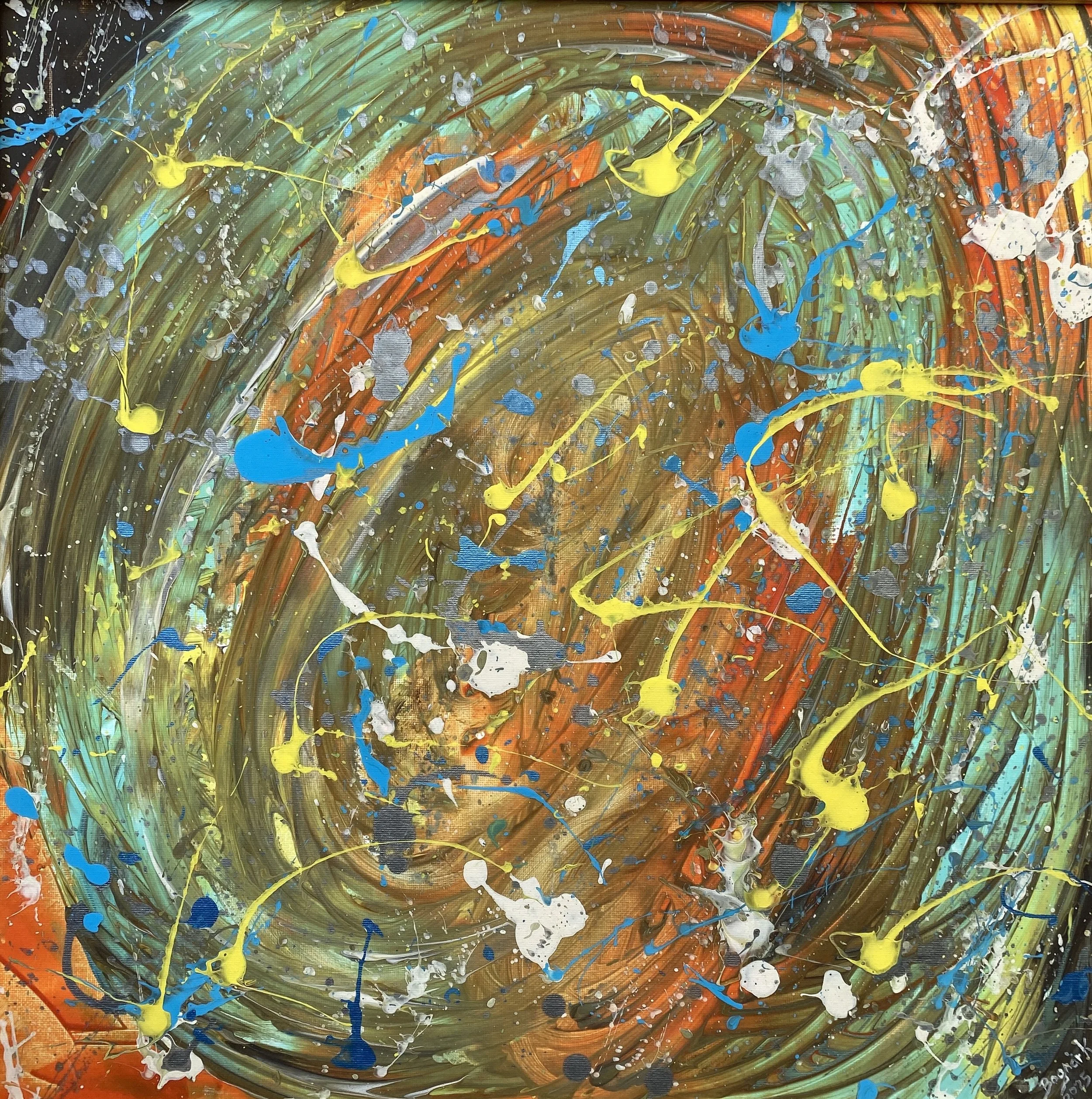 Abstract painting featuring swirling brown, green, orange, blue, white, yellow, and gray splashes and drips of paint.