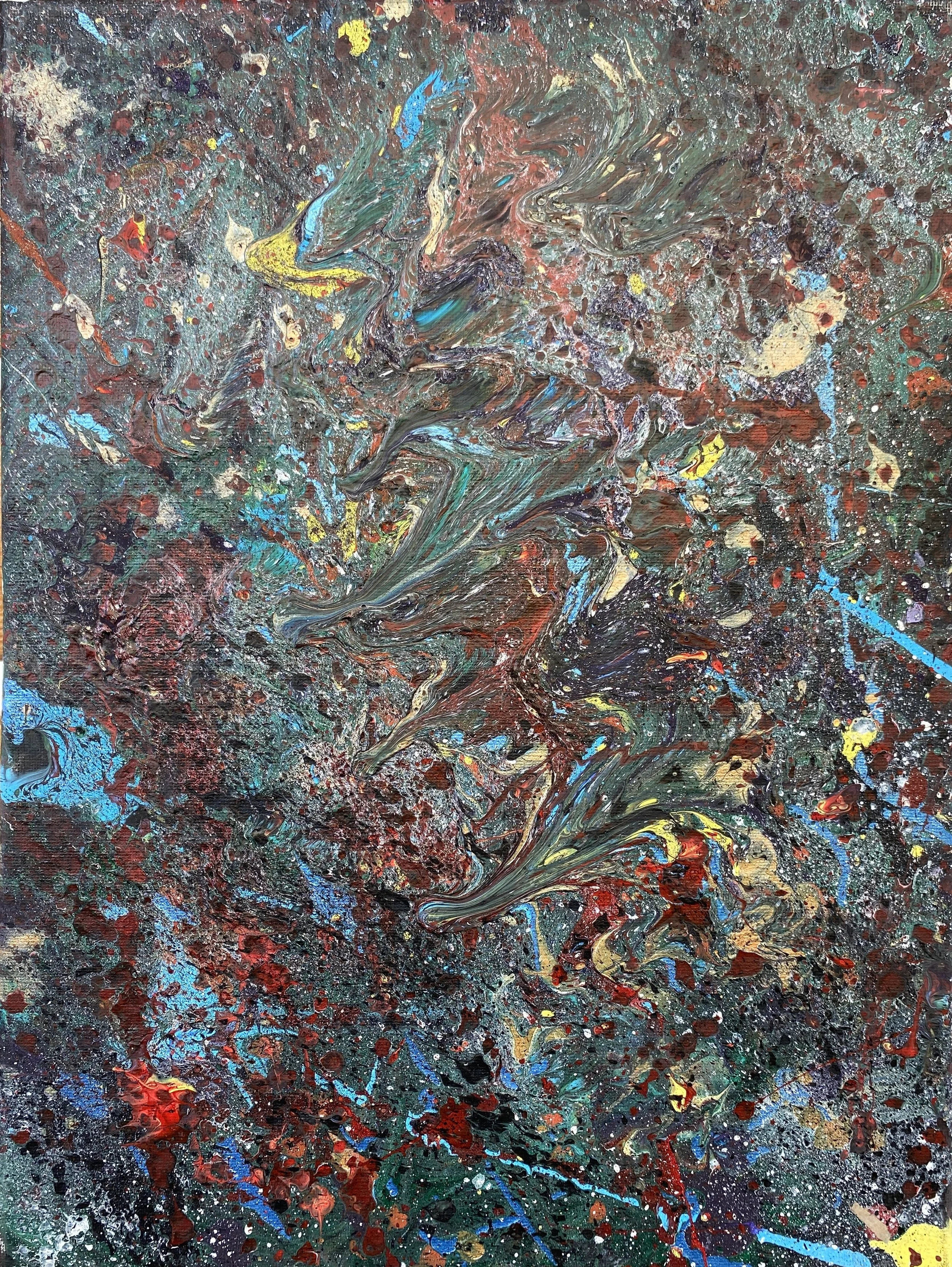 An abstract painting with swirling patterns and splatters of various colors including red, blue, yellow, green, and black.