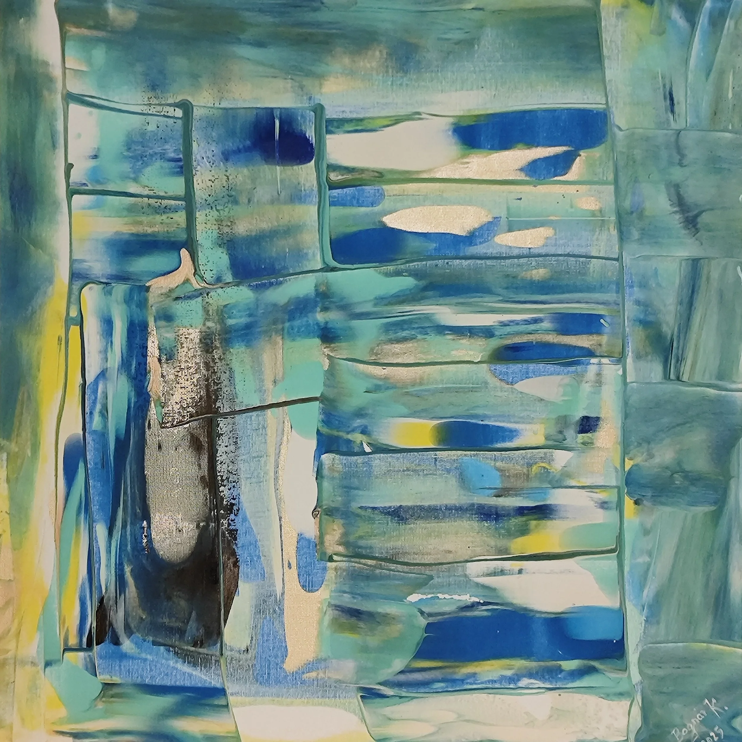 Abstract painting featuring shades of blue, green, yellow, white, and black with layered brushstrokes and geometric shapes.