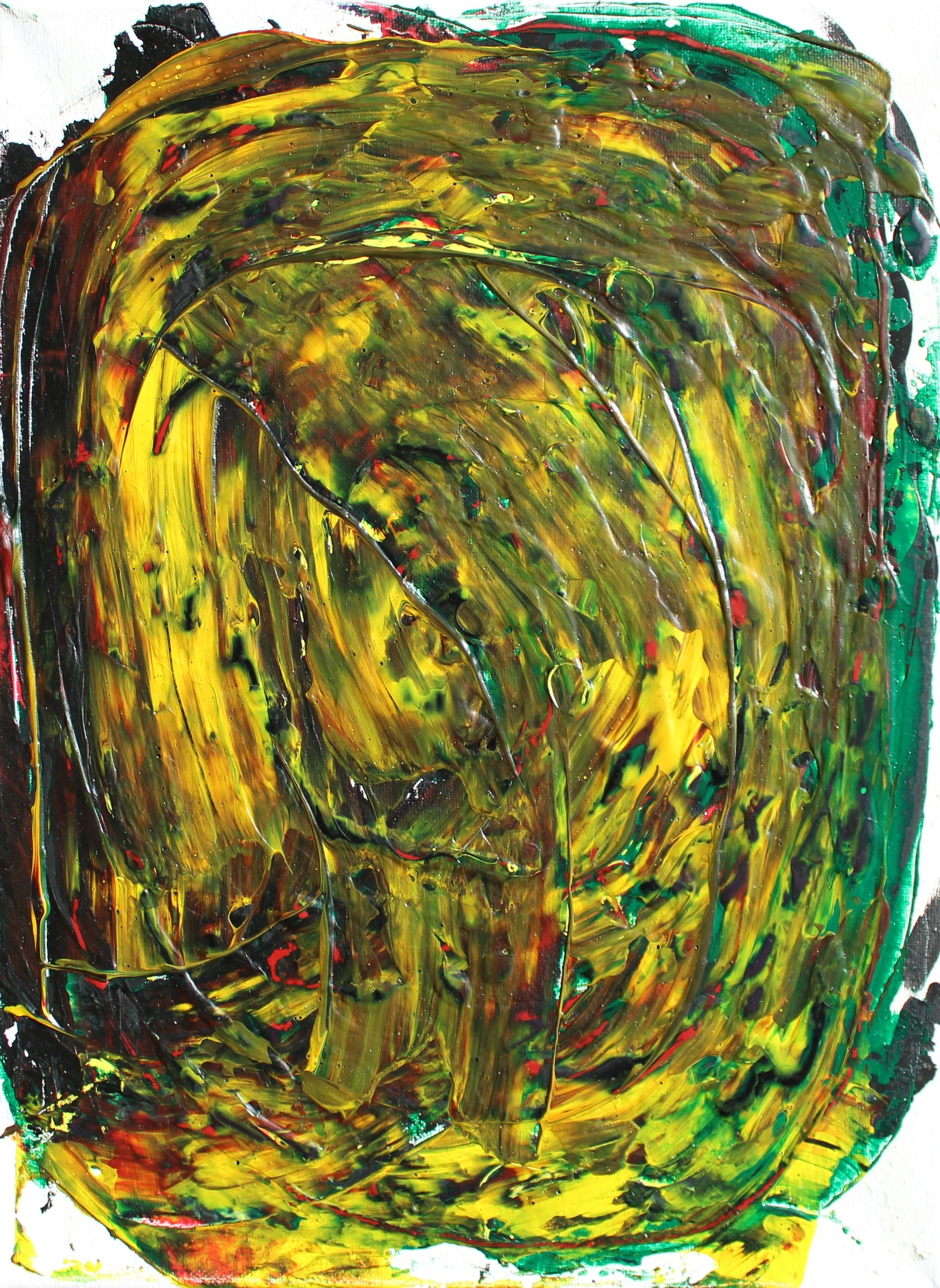 Abstract expressionist painting with dominant yellow and green brushstrokes and texture, with some red and black accents.
