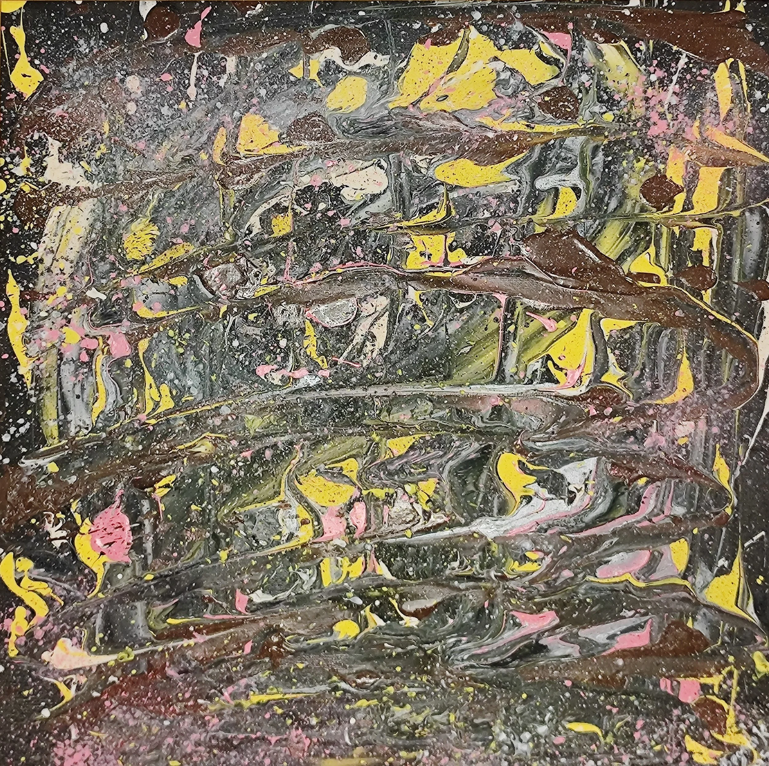 Abstract paint splatter with black, yellow, pink, white, and gray colors in a dynamic, layered pattern.