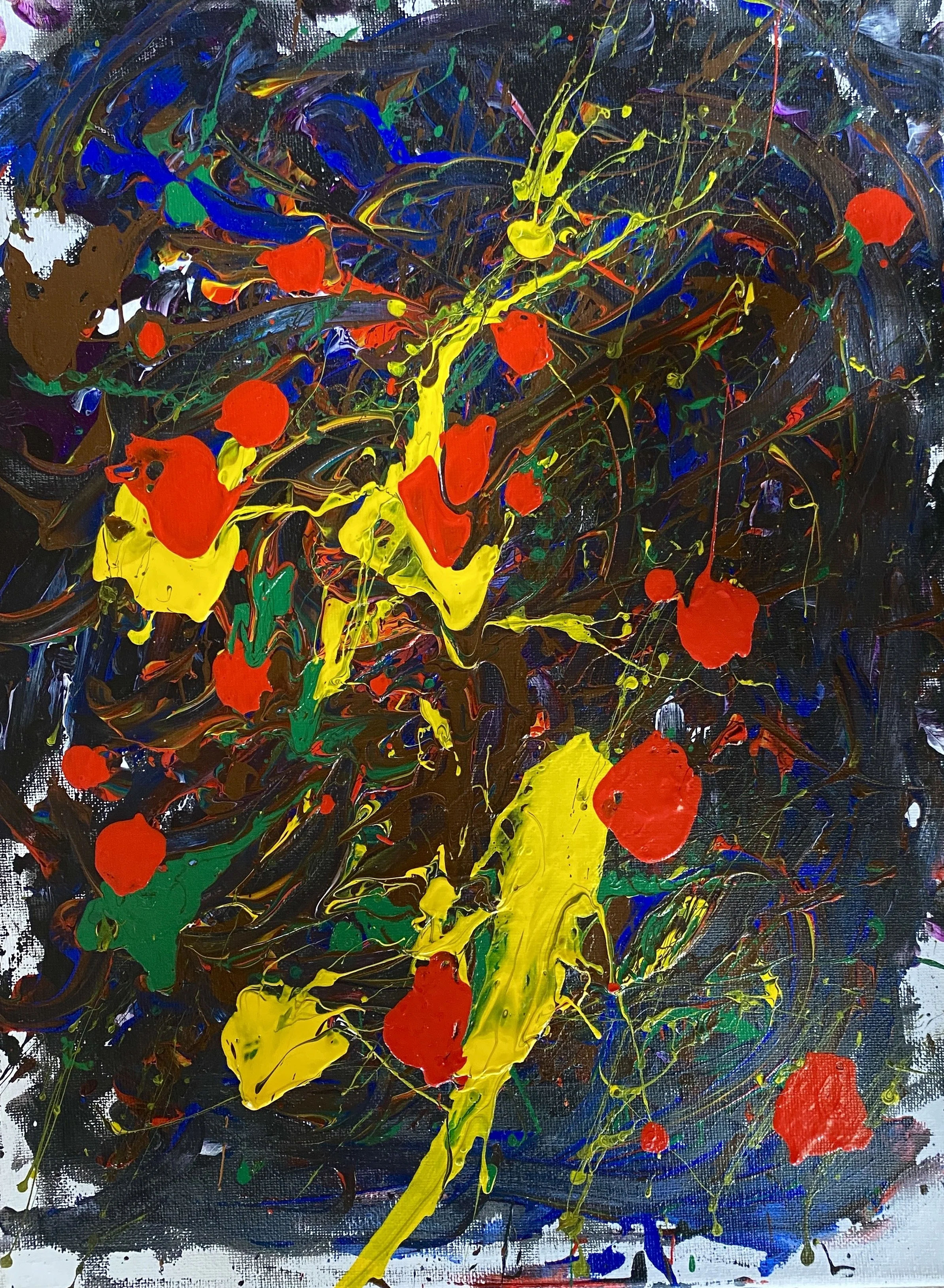 Abstract expressionist painting featuring a dark background with splashes of bright colors, including red, yellow, green, blue, and purple, created with energetic, spontaneous brushstrokes and paint splatters.