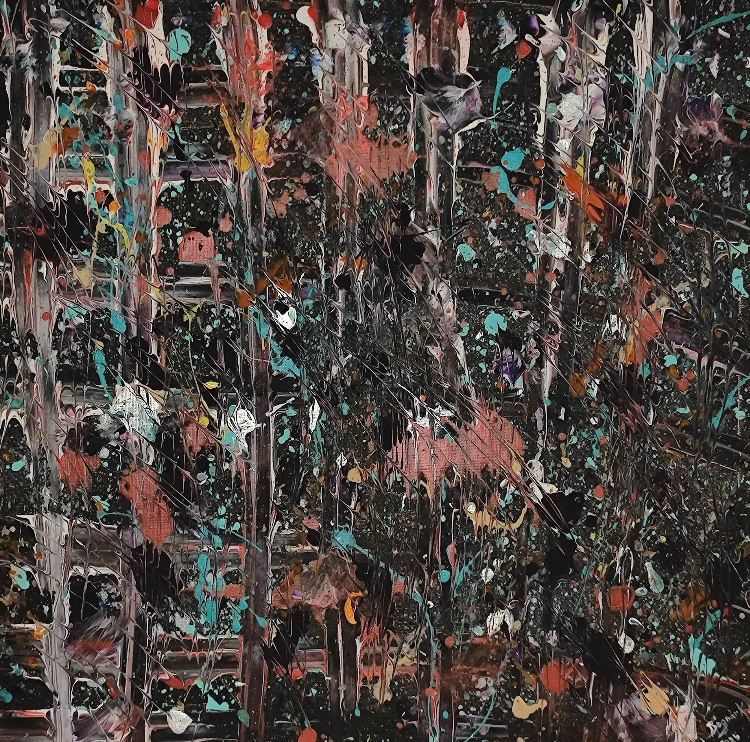 Abstract expressionist painting with splatters and streaks of various colors including black, white, pink, orange, blue, and purple across the canvas.