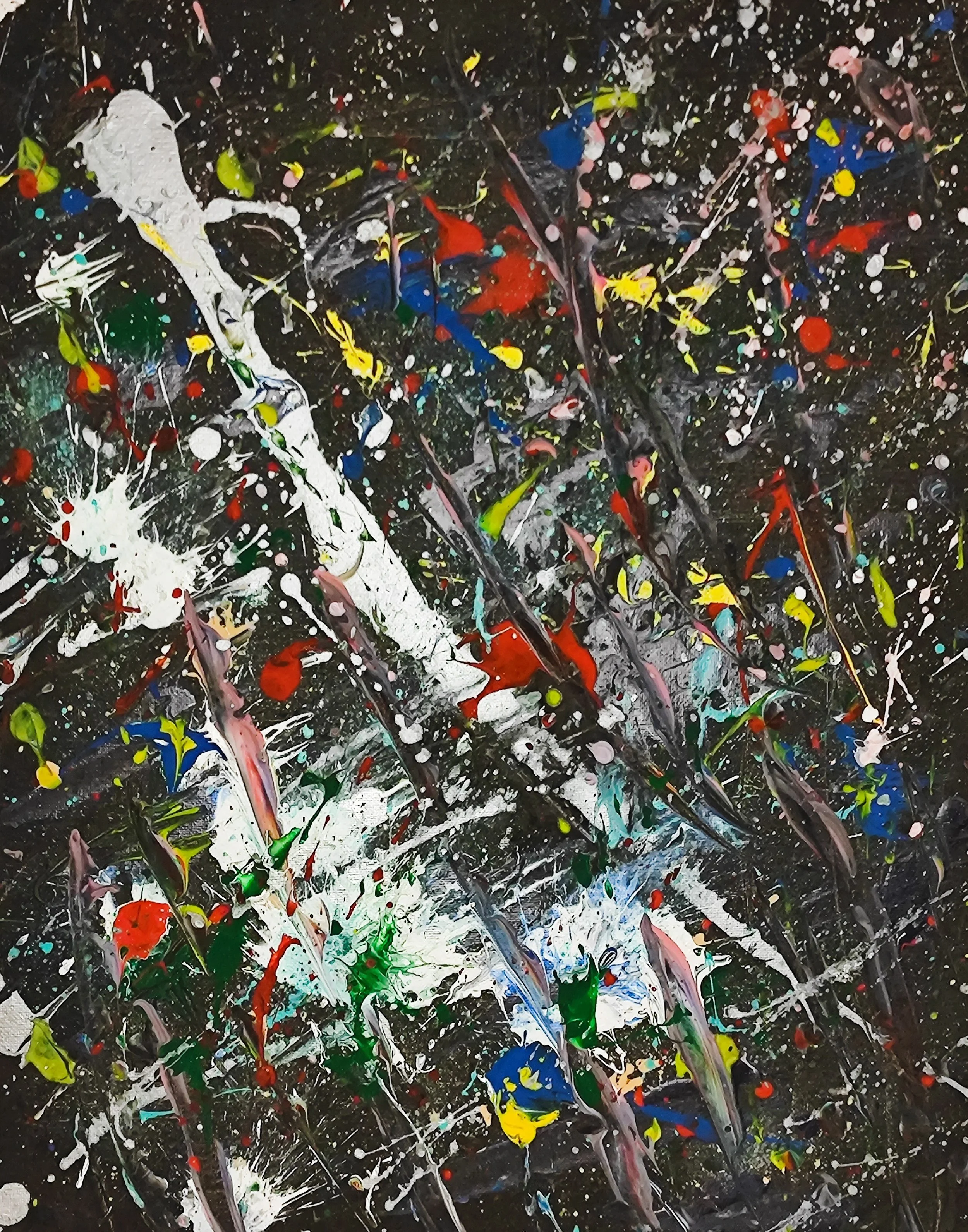 Abstract expressionist painting with splatters and streaks of paint in colors including black, white, red, yellow, blue, green, and pink on a dark background.