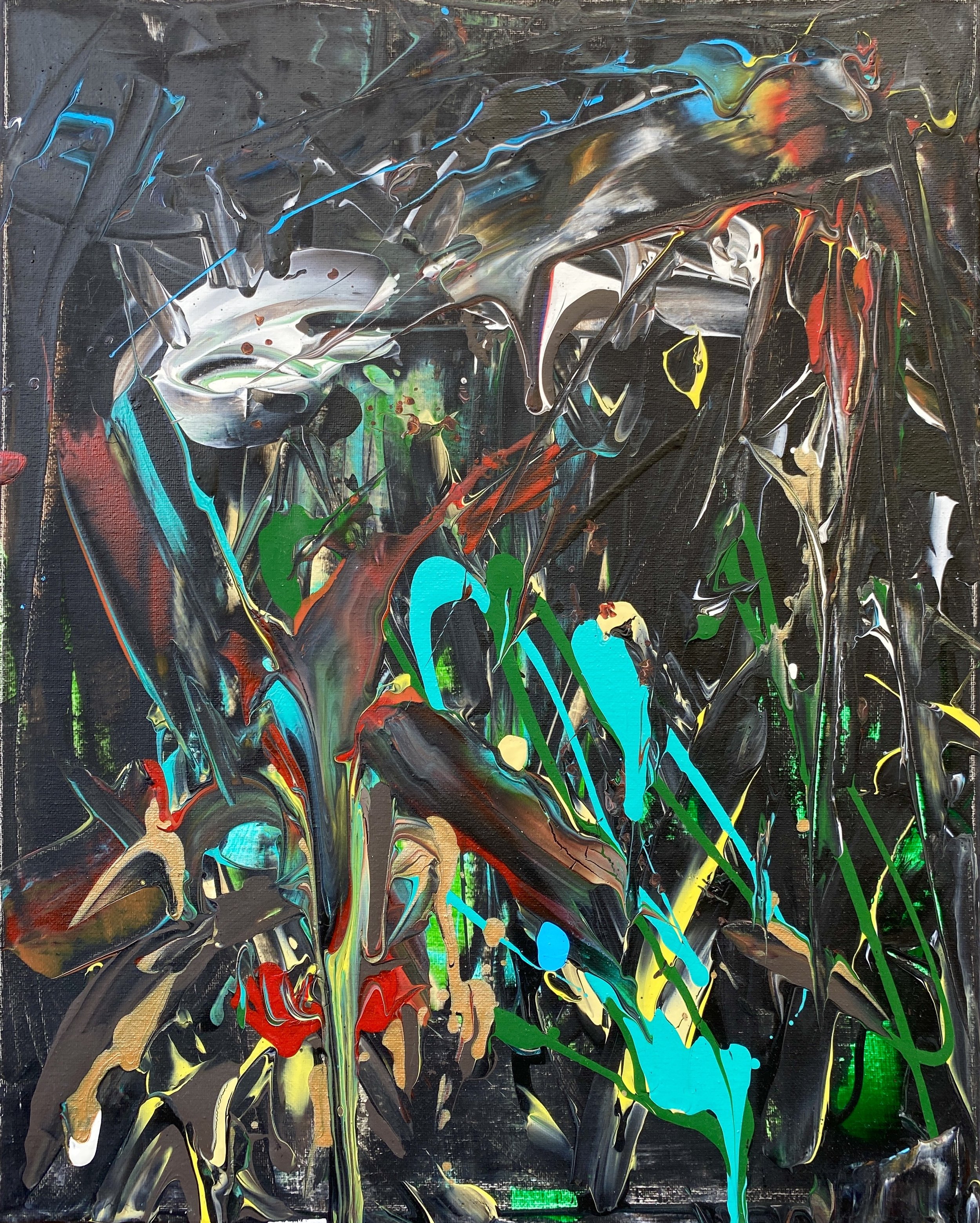 Abstract painting with vibrant colors such as red, yellow, green, white, and blue on a black background, featuring bold, fluid strokes and splatters.