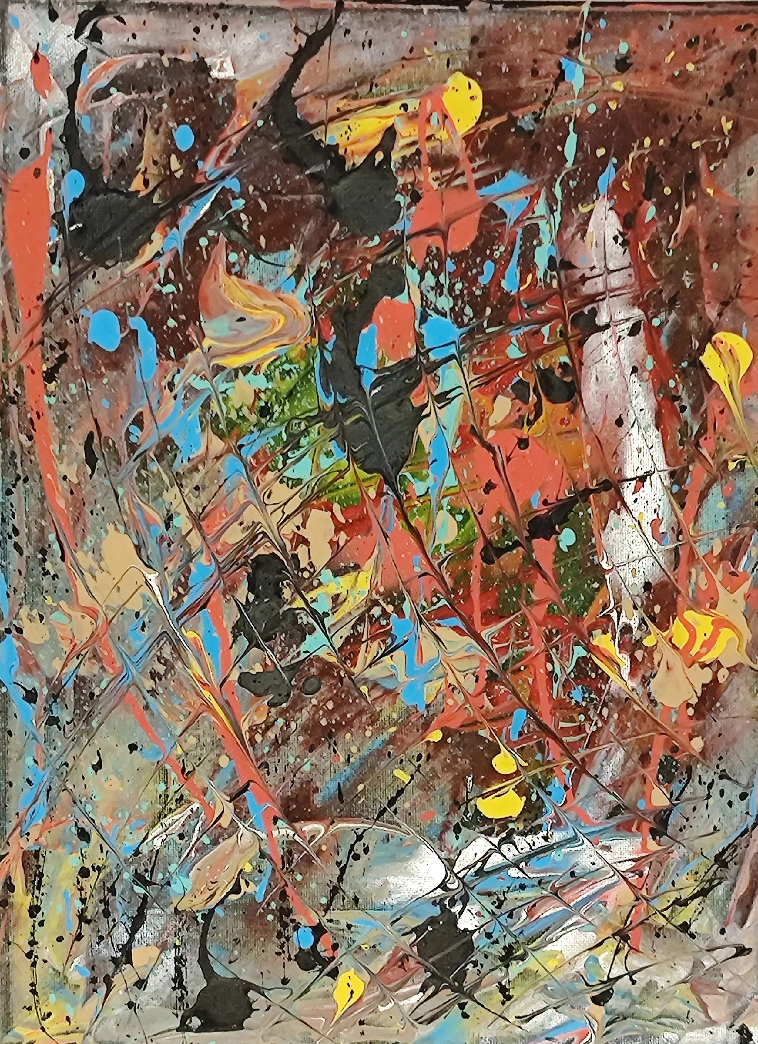 Abstract expressionist painting with splashes and streaks of black, blue, yellow, red, and beige paint on a textured surface.