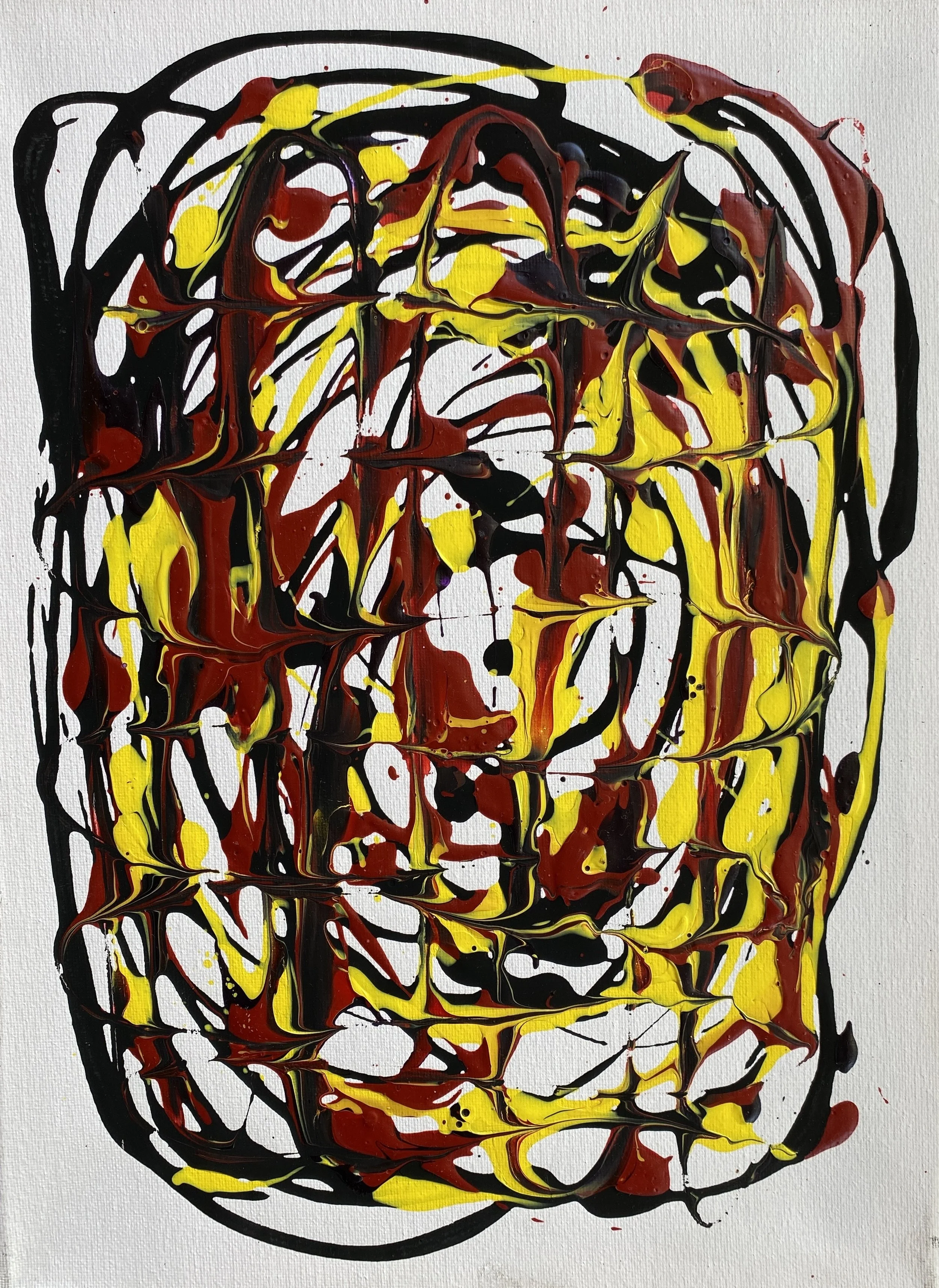 Abstract painting with black, red, and yellow paint dripped and smeared on a white canvas, creating a chaotic and expressive composition.
