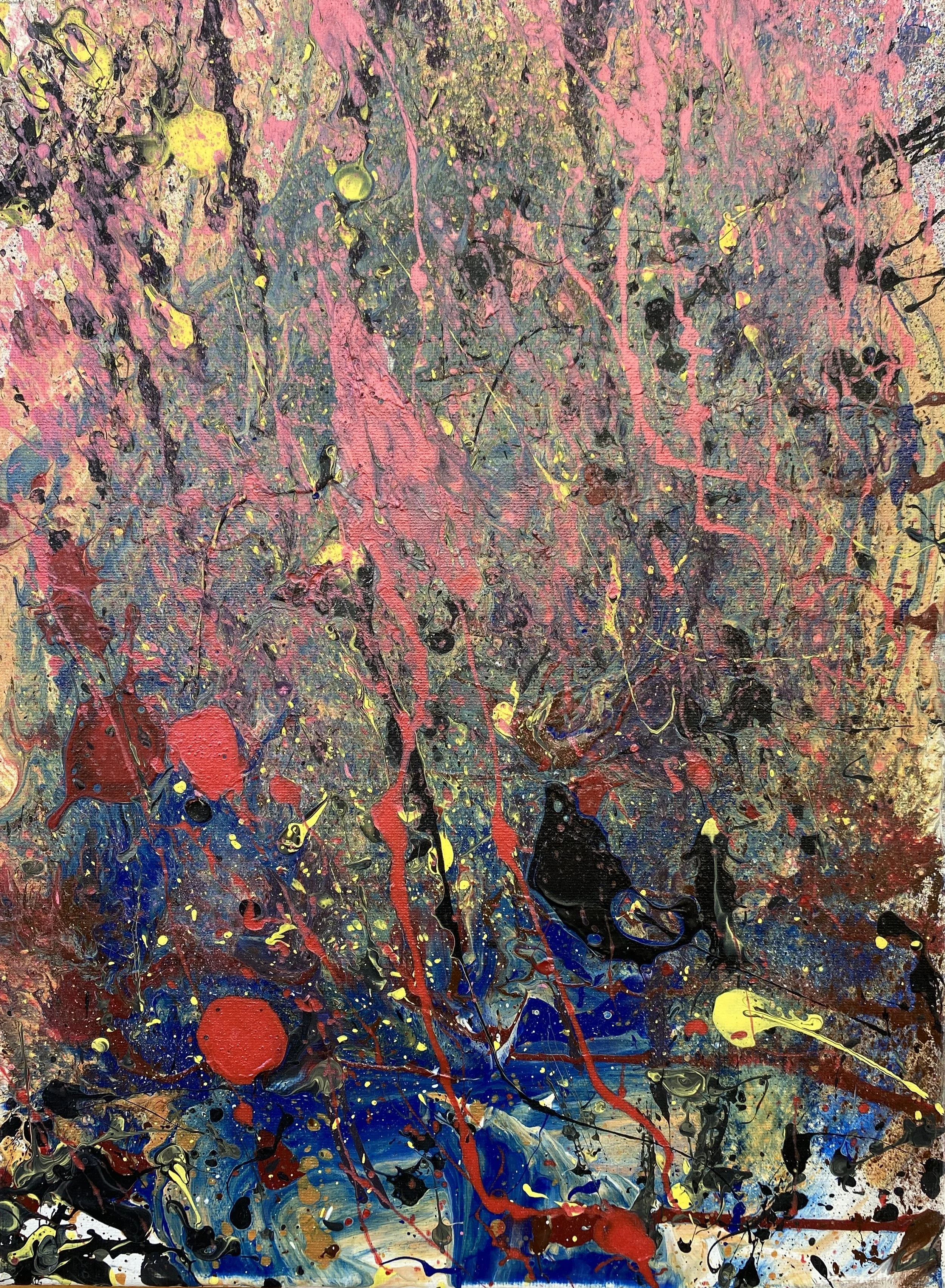 Abstract expressionist painting with vibrant splashes and drips of color including black, red, yellow, blue, pink, and gold, creating a chaotic and energetic composition.