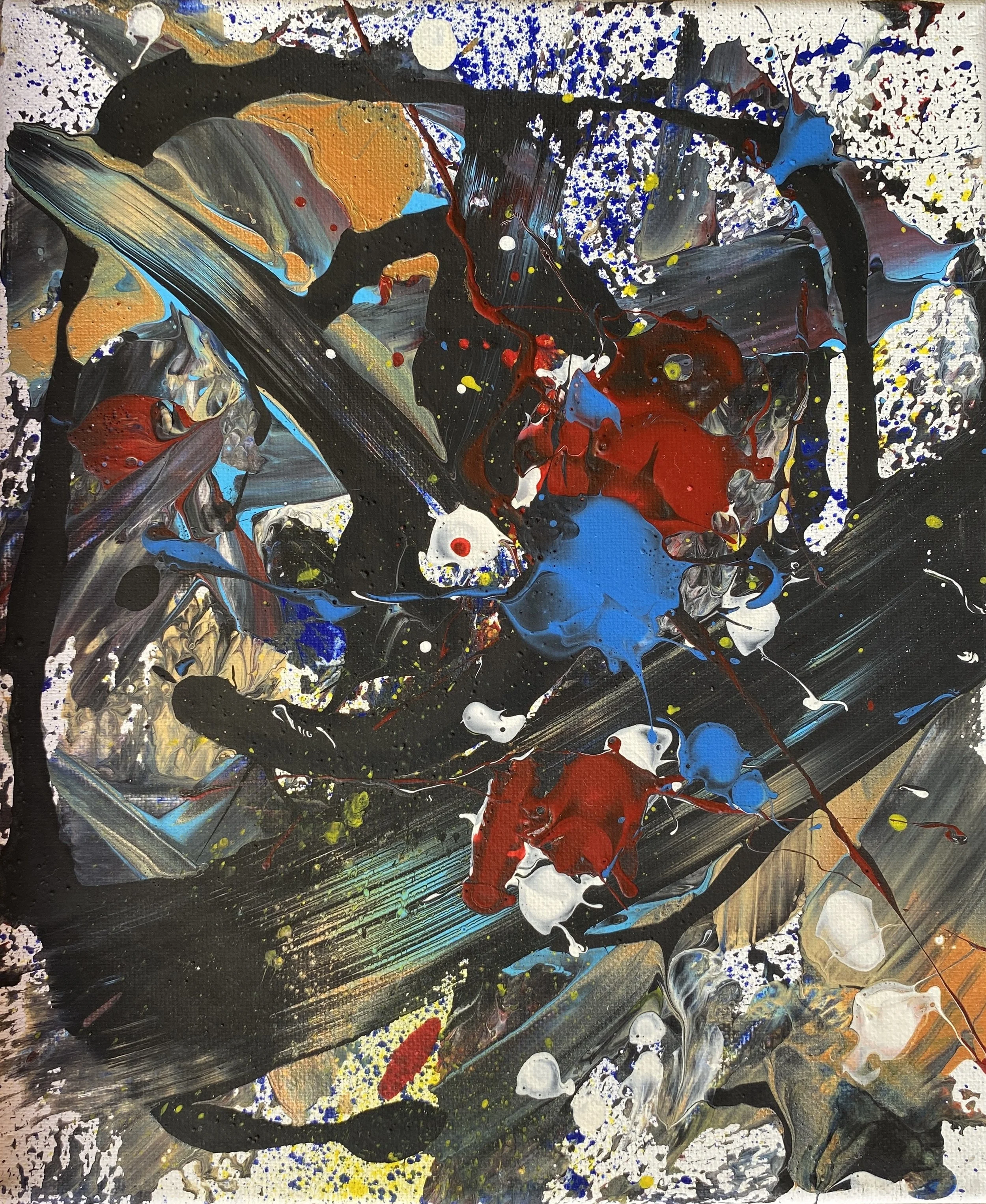 Abstract expressionist painting with vibrant splashes and strokes of black, red, blue, yellow, white, gold, and gray paint on a black background.
