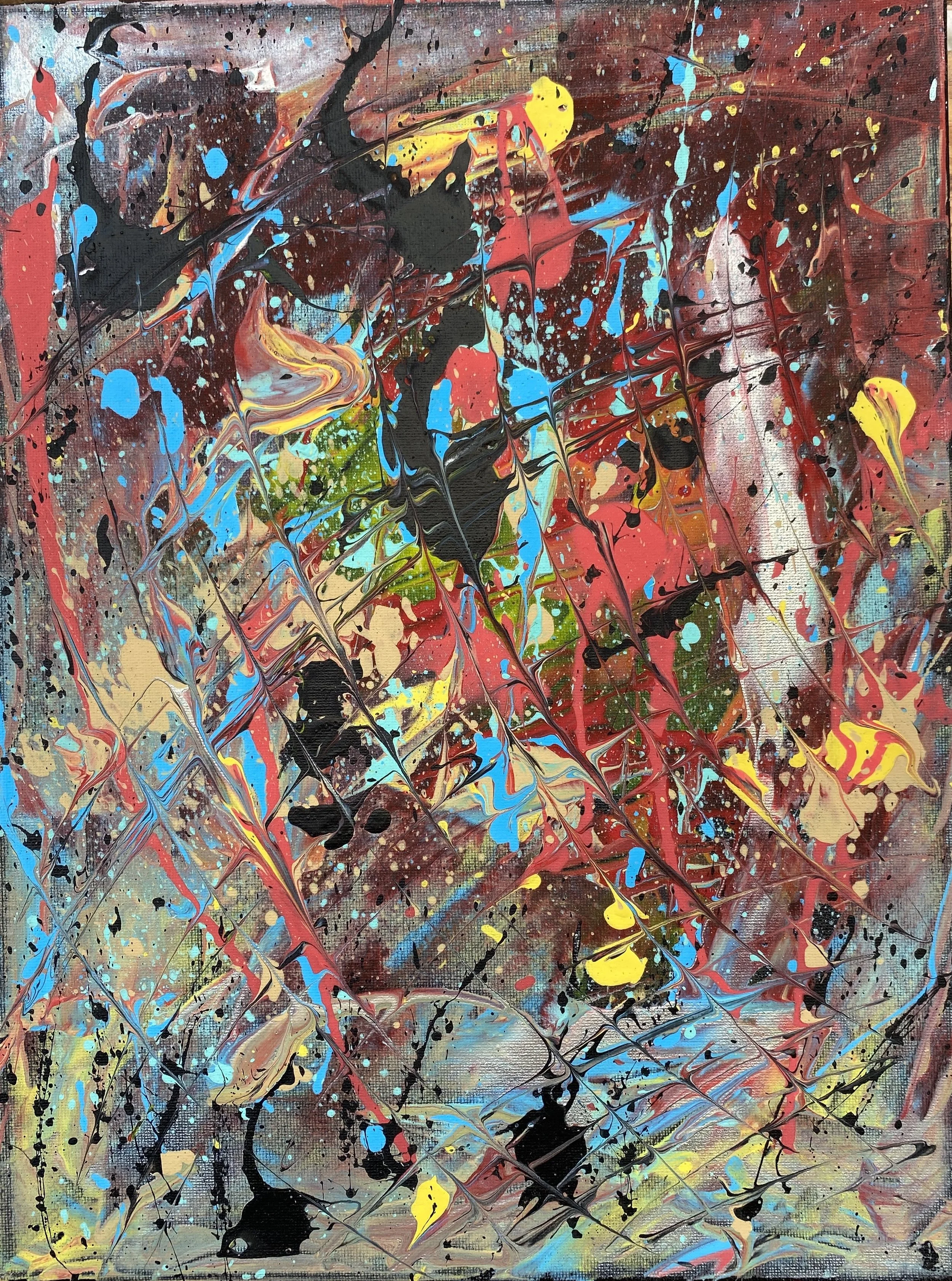 Abstract expressionist painting with vibrant colors, featuring splashes and drips of black, blue, yellow, red, brown, and beige across a textured canvas.