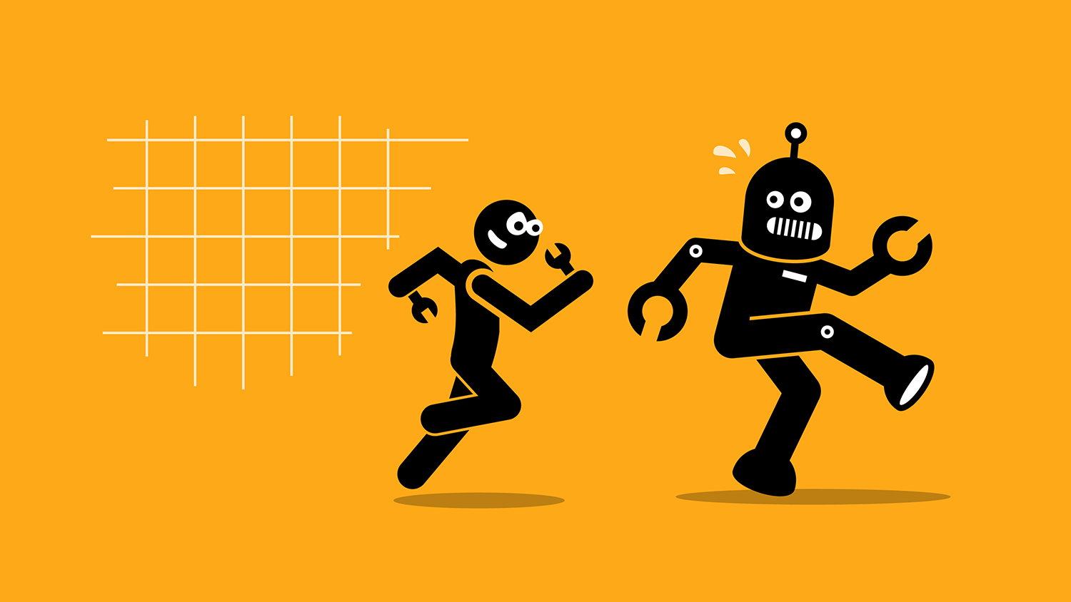 Animated illustration of a person and a robot running, with a grid pattern in the background on an orange backdrop.