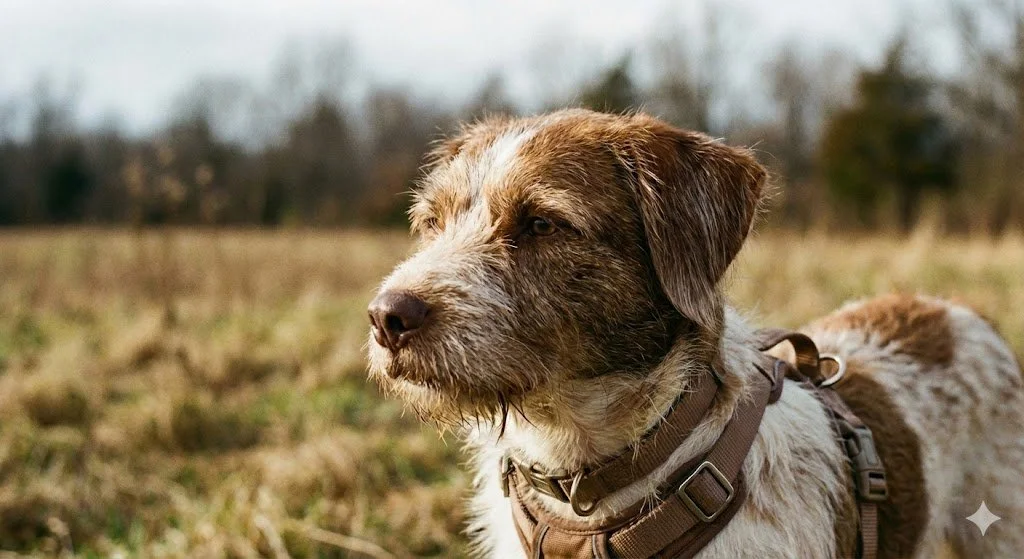 A brown and white dog with a harness standing in a grassy field on a clear day.