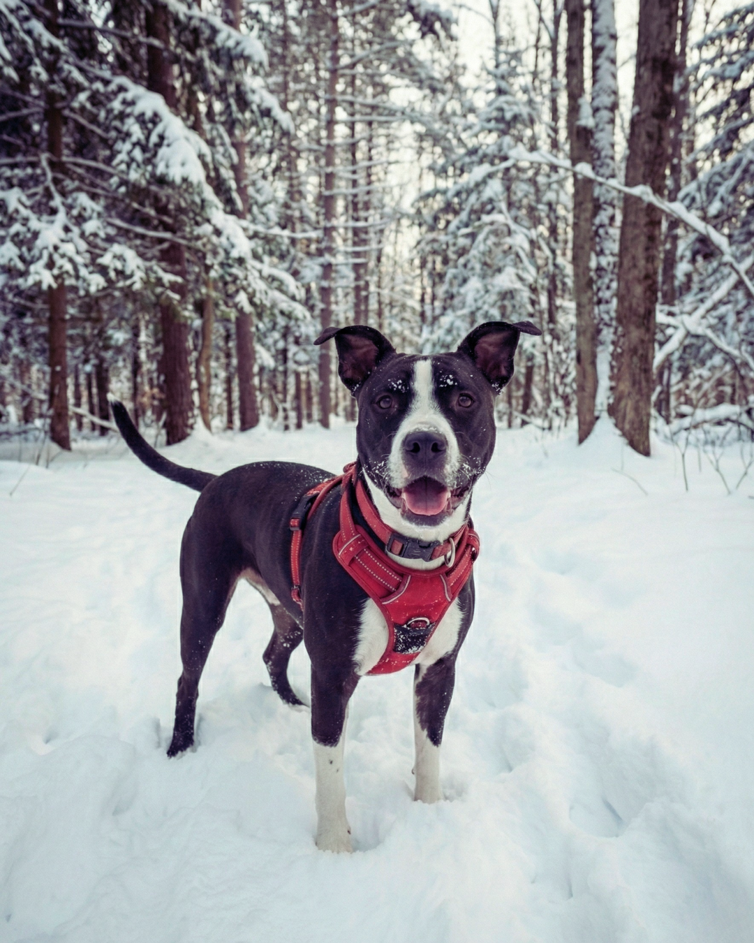 A forest trail surrounded by tall trees with green leaves, with sunlight filtering through the foliage.