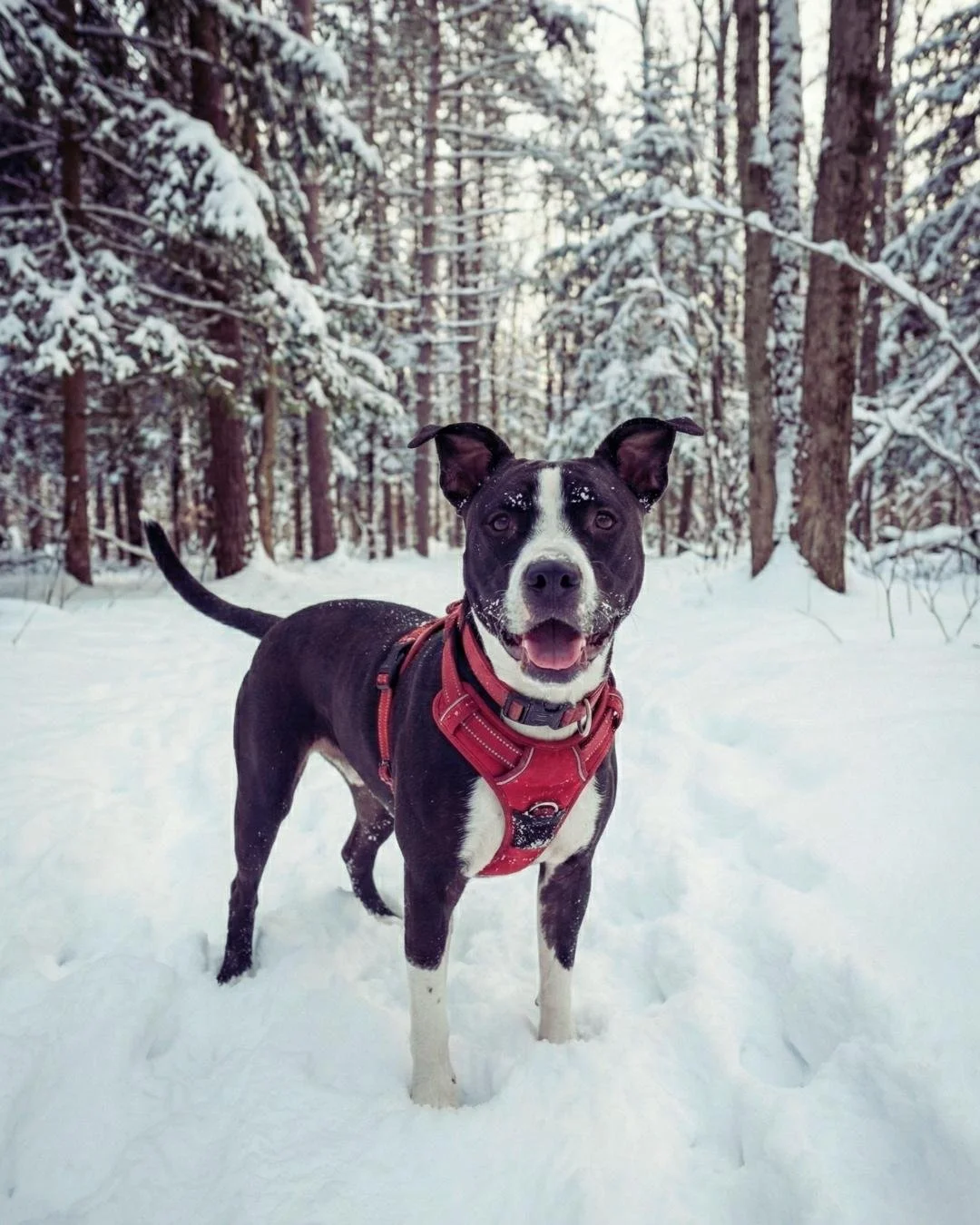 A black and white dog with a red harness standing in a snowy forest, with snow on its face and trees in the background.
