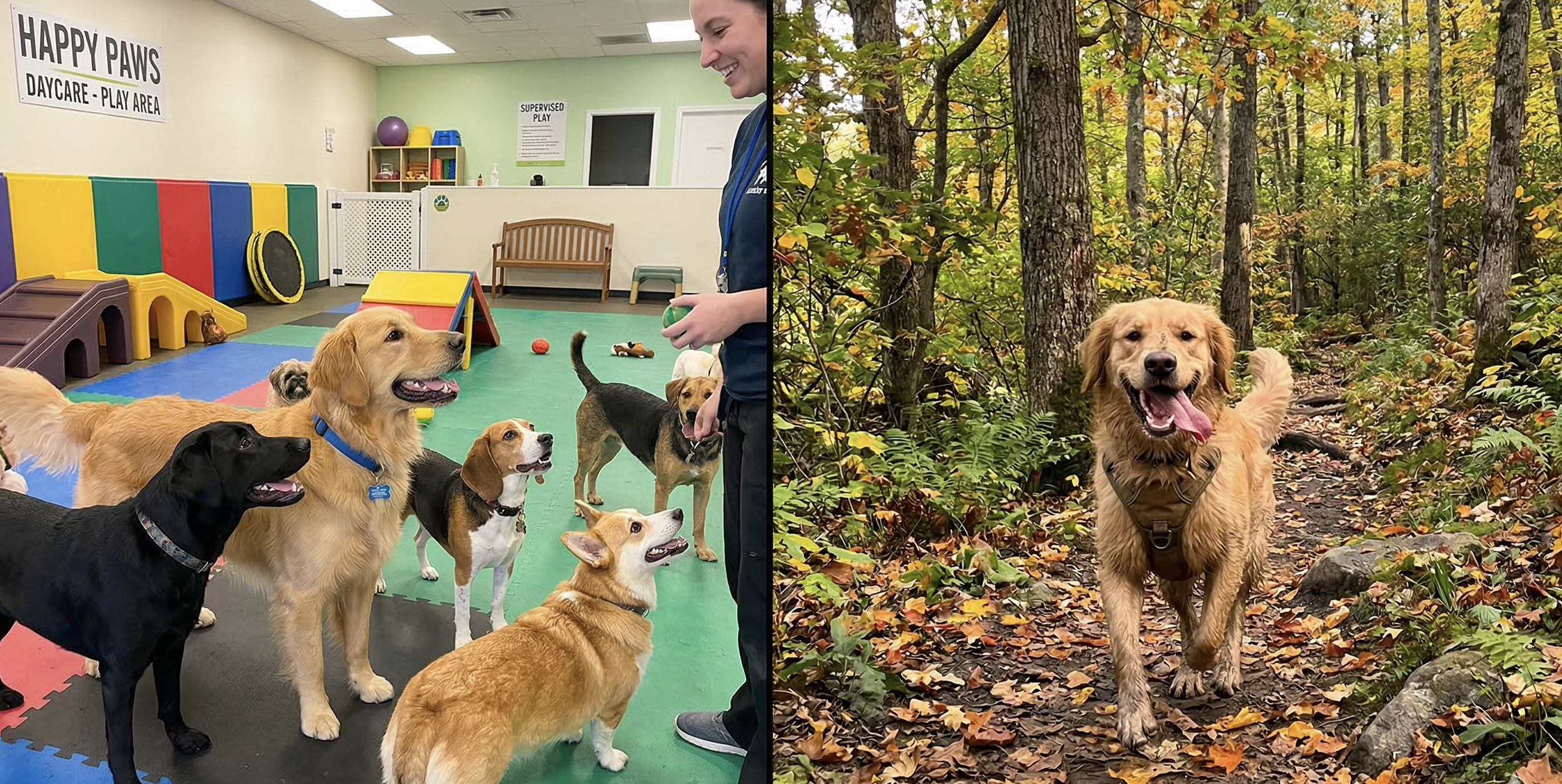 Dog hiking group on a wooded Hudson Valley trail, showing a structured outdoor alternative to dog daycare for high-energy NYC dogs