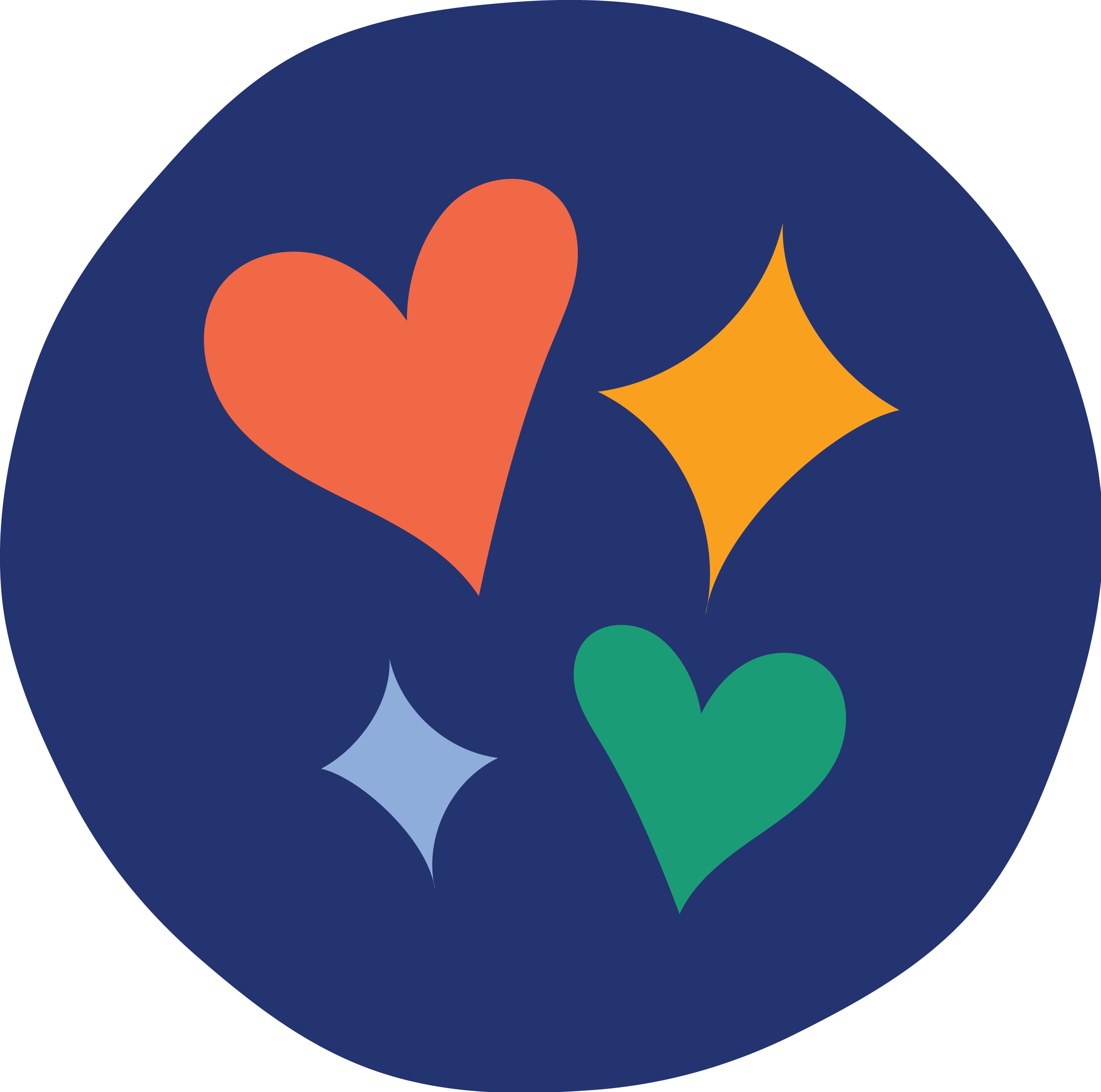 The NFL's Pittsburgh Steelers logo features a navy blue circle with three geometric shapes: a red heart, a yellow star, and a green heart, along with a smaller light blue star.