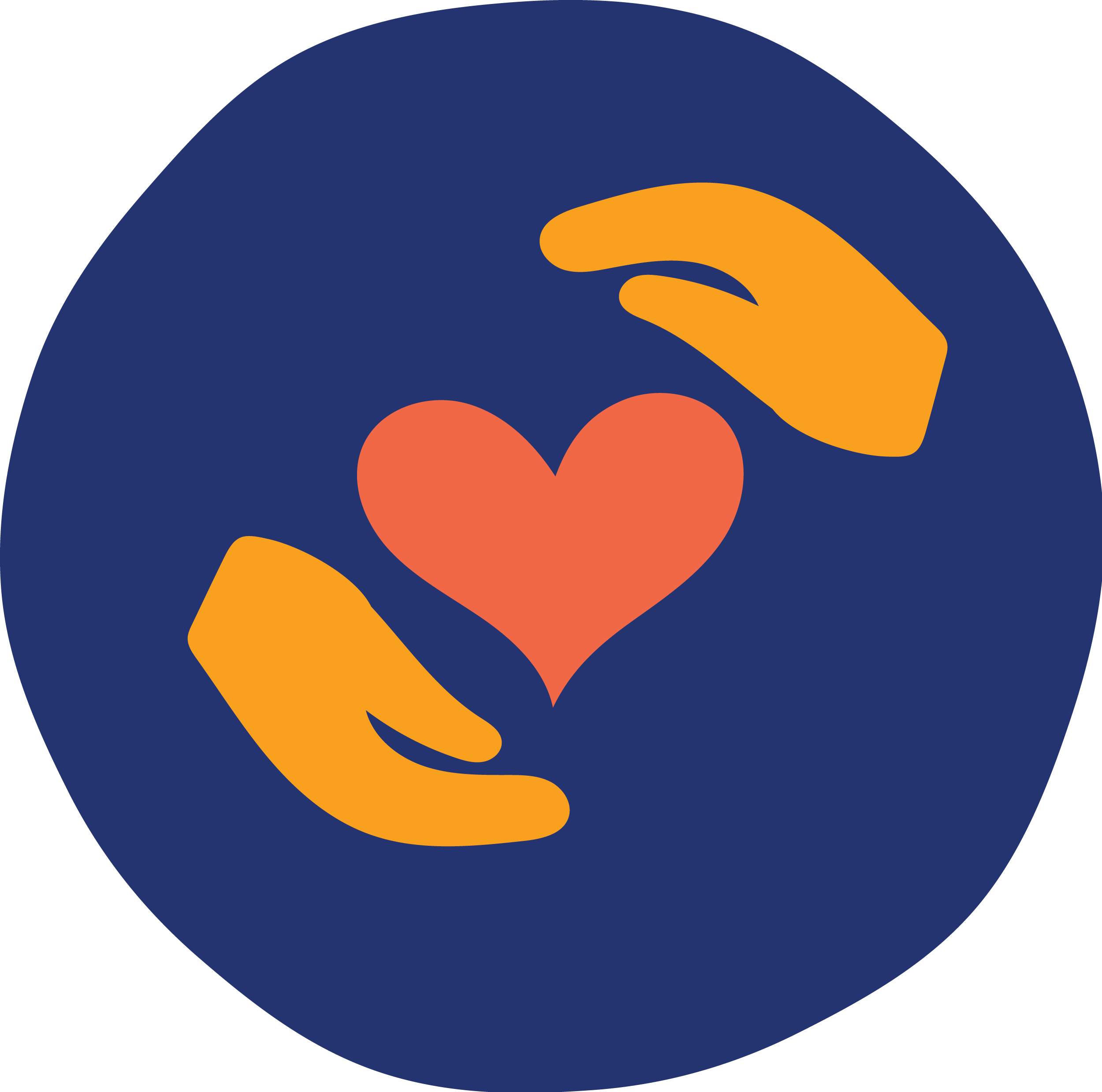 Two orange hands forming a heart shape around a red heart on a dark blue circular background.