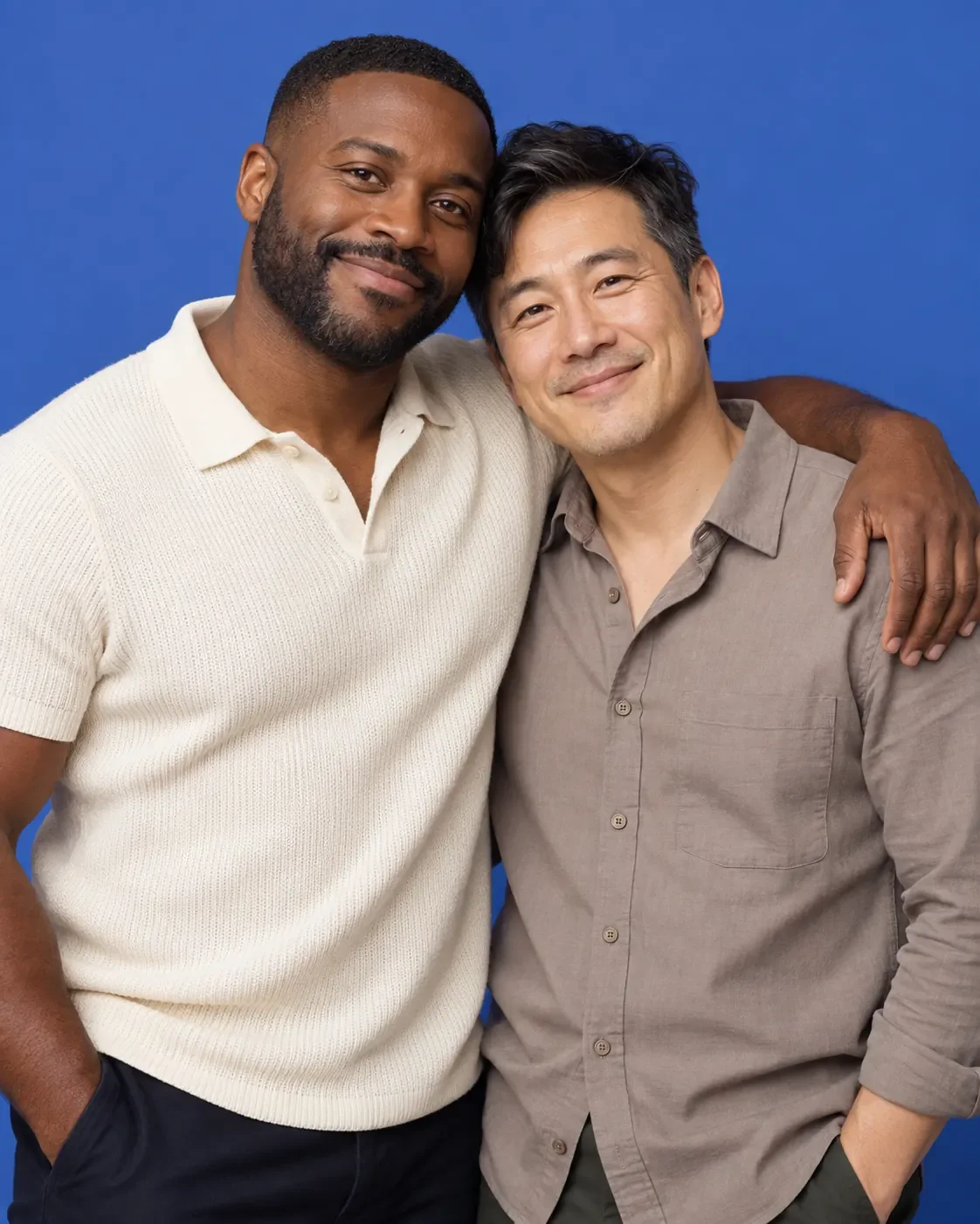 Two smiling men leaning close together in a warm embrace.