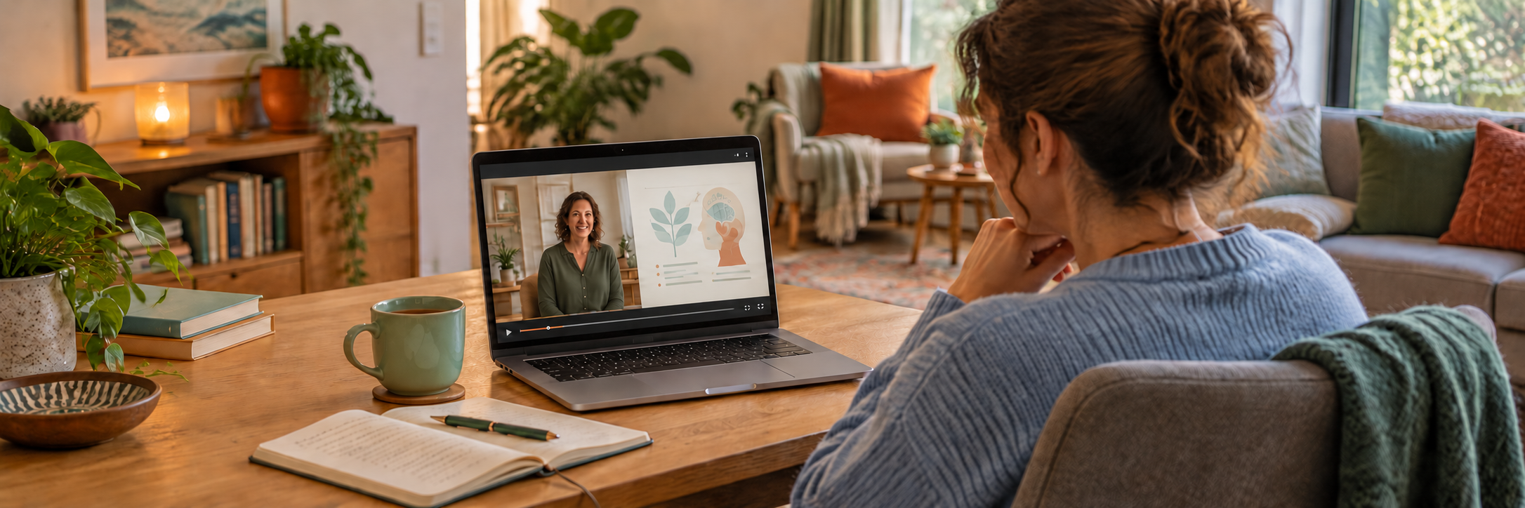 Person watching a sexual wellbeing webinar on a laptop at home, with coffee and an open notebook on the desk.