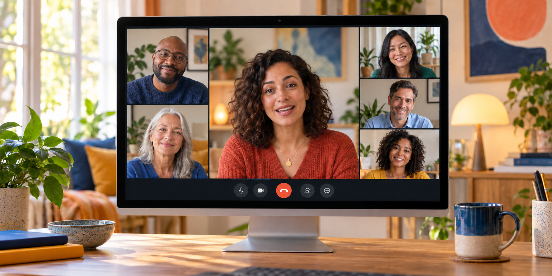 A computer screen displaying a video conference call with six diverse participants in a bright, cozy room filled with plants and artwork.