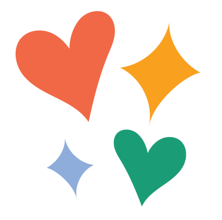 Colorful graphic with two hearts, one orange and one green, and three diamond-shaped sparkles in blue, yellow, and orange.