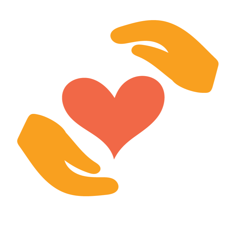 Two orange hands forming a heart shape around a pink heart in the center.