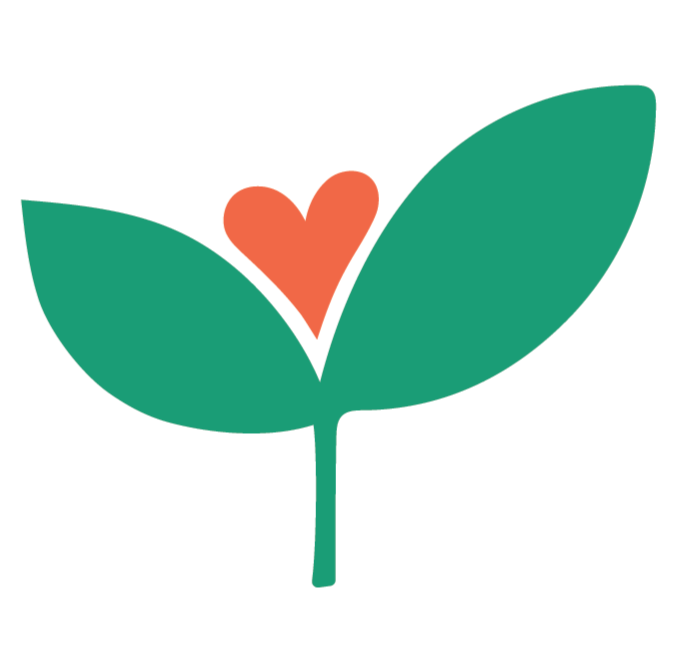 A stylized plant with two green leaves and a small red heart-shaped flower at the center.
