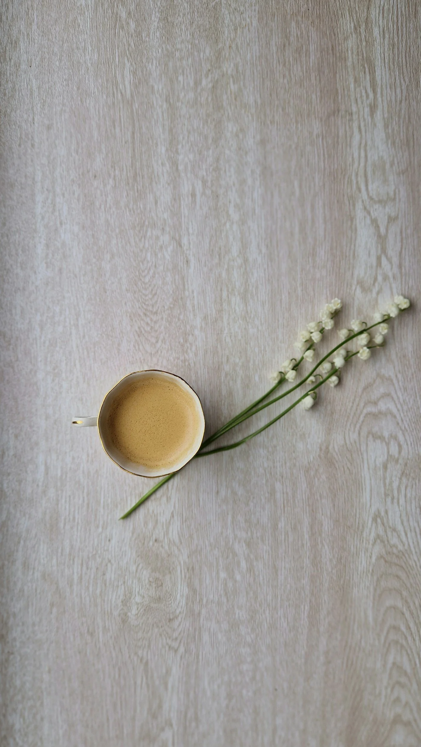 Flat lay of a latte in a beige ceramic cup with soft floral stems on a light wood table, styled in the calm, minimalist aesthetic of The Soul Space wellness café and shoppe in Panama City, Florida.