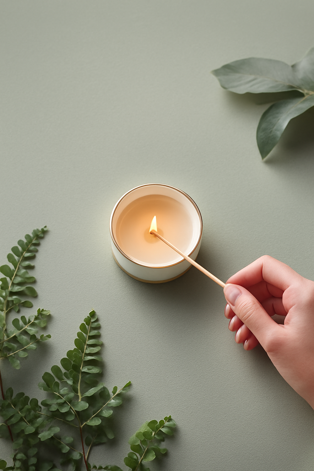 Hand lighting a minimalist white candle on a muted sage background with soft greenery, reflecting the curated wellness goods available at The Soul Space Wellness Café + Shoppe in Panama City, Florida.