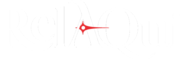 A logo with the words 'RelaxQui' in white font and a red clock hand replacing the letter 'A' on a black background.
