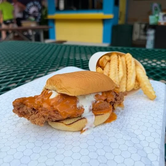 Truffalo Crispy Chicken Sandwich Combo
$15.00
Pickle Brined Fried Breast Chicken Breast tossed in Tuffalo and your choice of Blue Cheese or Ranch on a Potato Bun. Served with Crinkle Cut Fries.