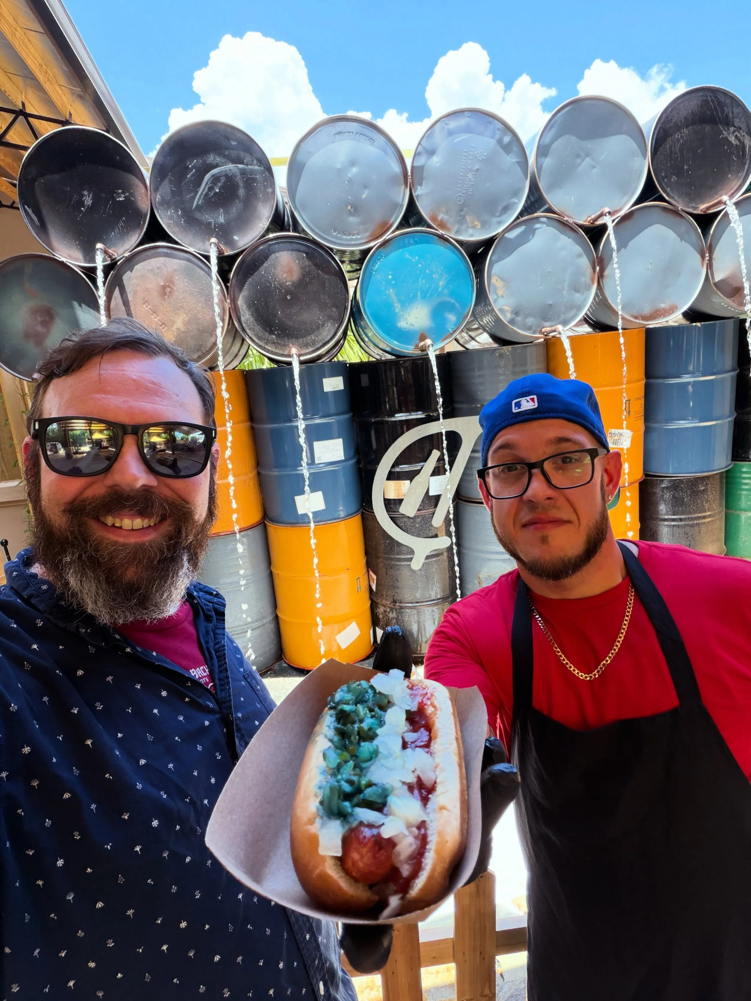 Red, White, and Blue Hot Dogs are ready! Join us at @tuffysmusicbox and the belly flop competition is starting soon!
