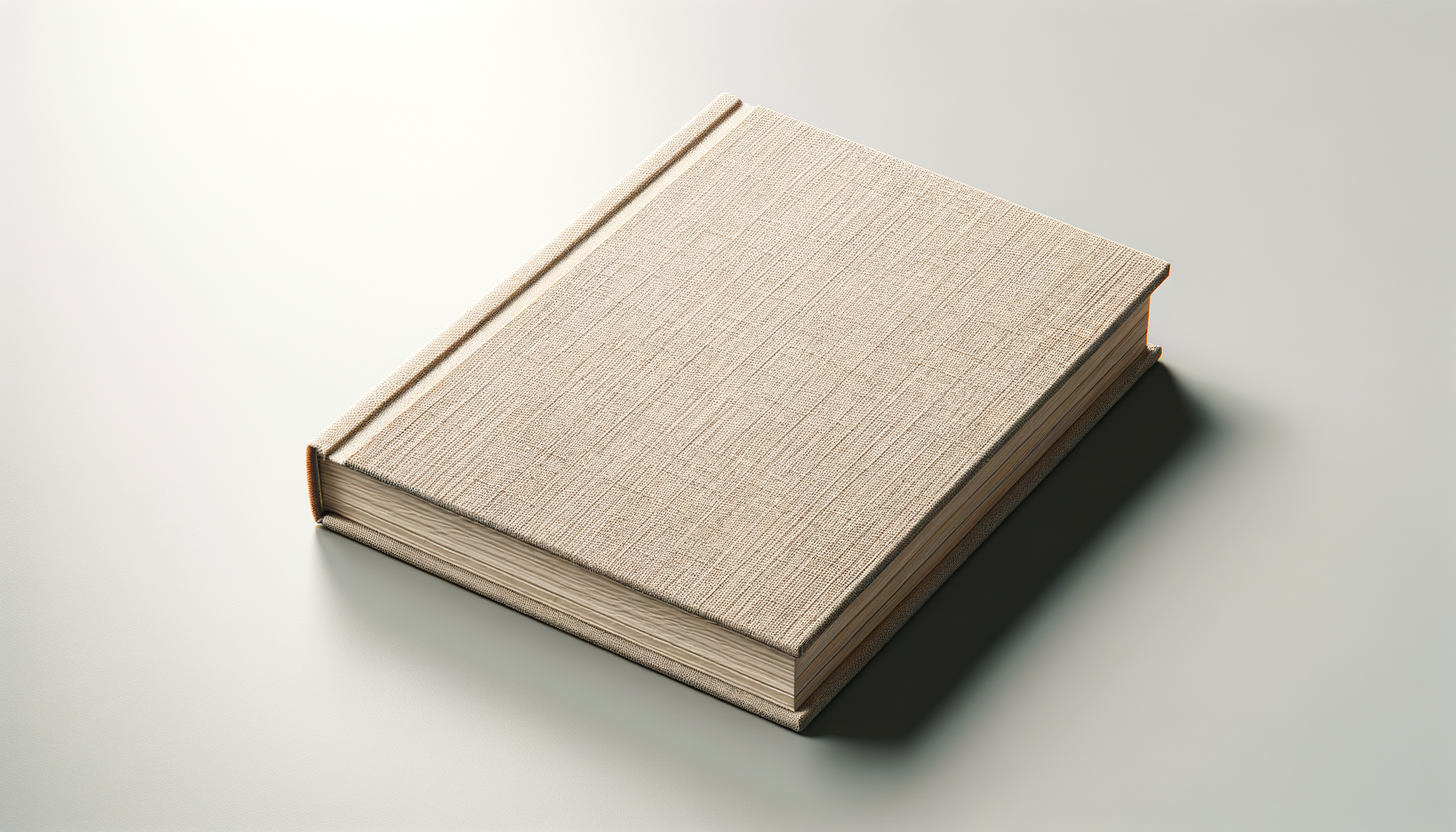 Closed beige hardcover book on white surface with shadow cast to the right.