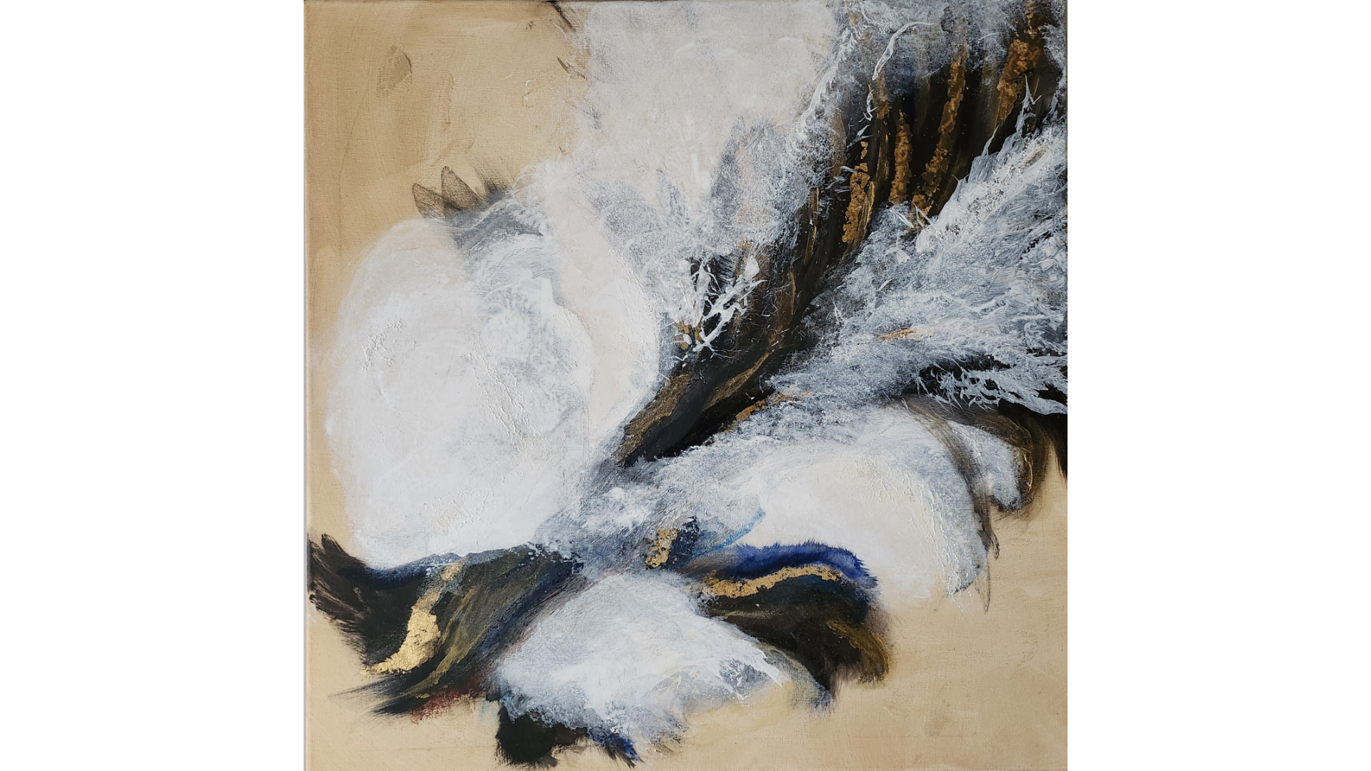 Abstract acrylic painting with flowing white, black, gold & blue forms on a textured beige background with gold leaf highlights