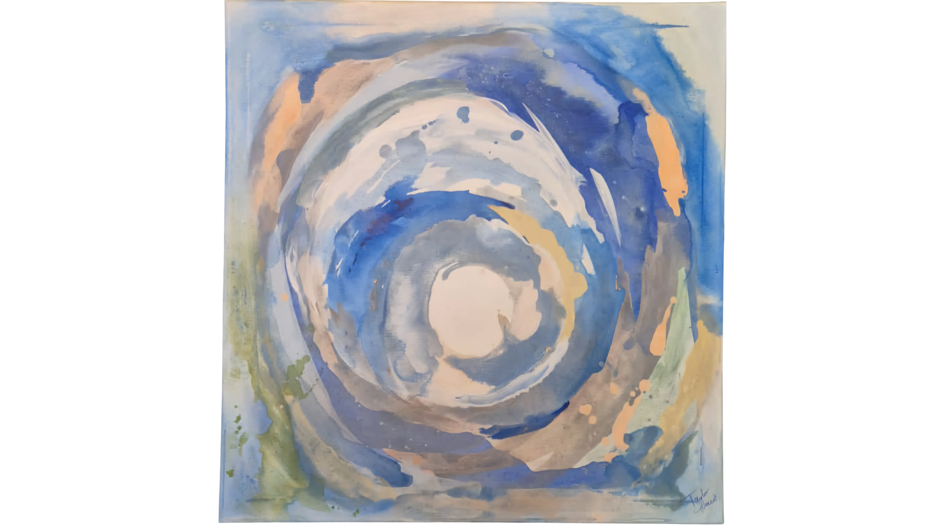 Abstract acrylic painting with swirling concentric circles in blue, beige & cream tones