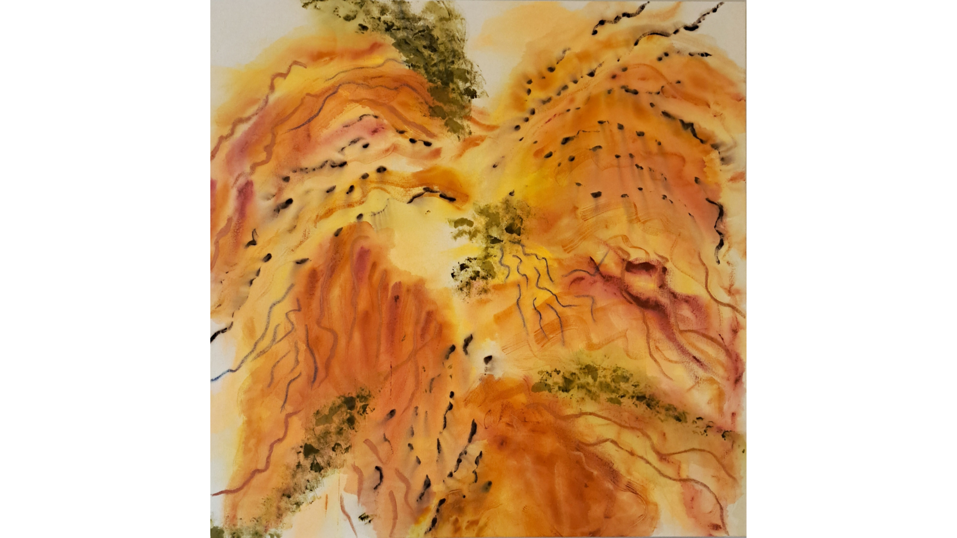 Papaya — a large abstract acrylic on raw canvas with flowing ribbons of orange, yellow & russet, accented with olive green oil pastel