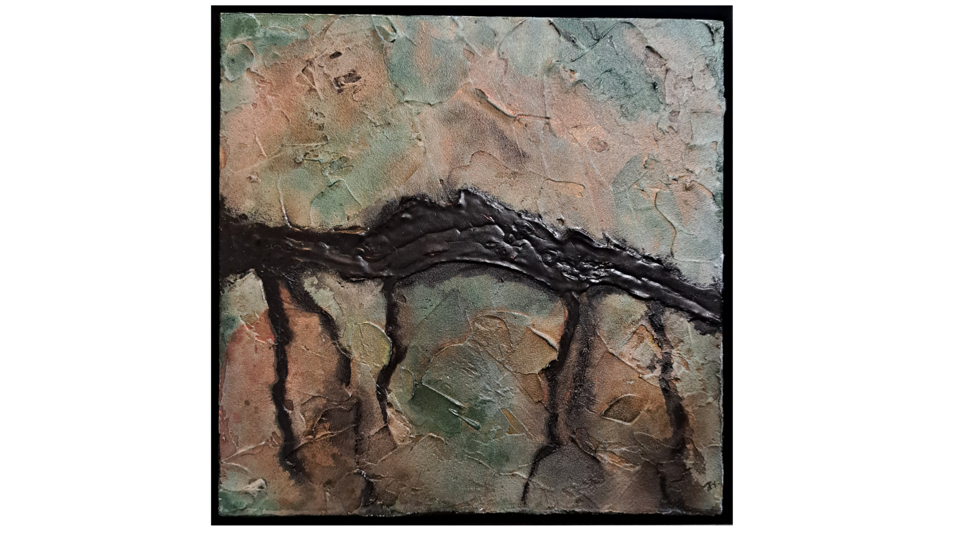 Scorched Earth — abstract painting with a dark glossy river flowing over muted layered textures on cradled panel.